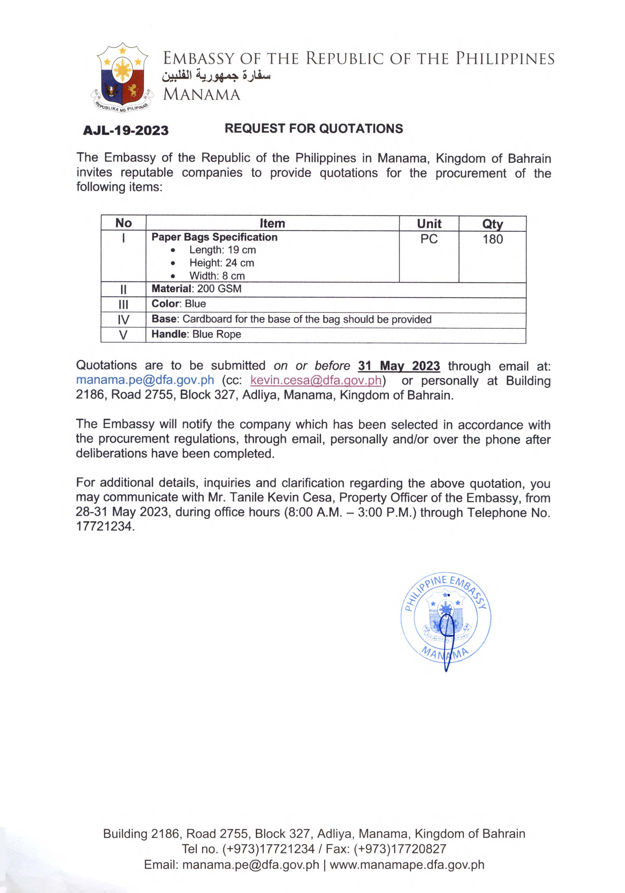 AJL 19 2023 Request for Quotations for the Procurement of Paper Bags