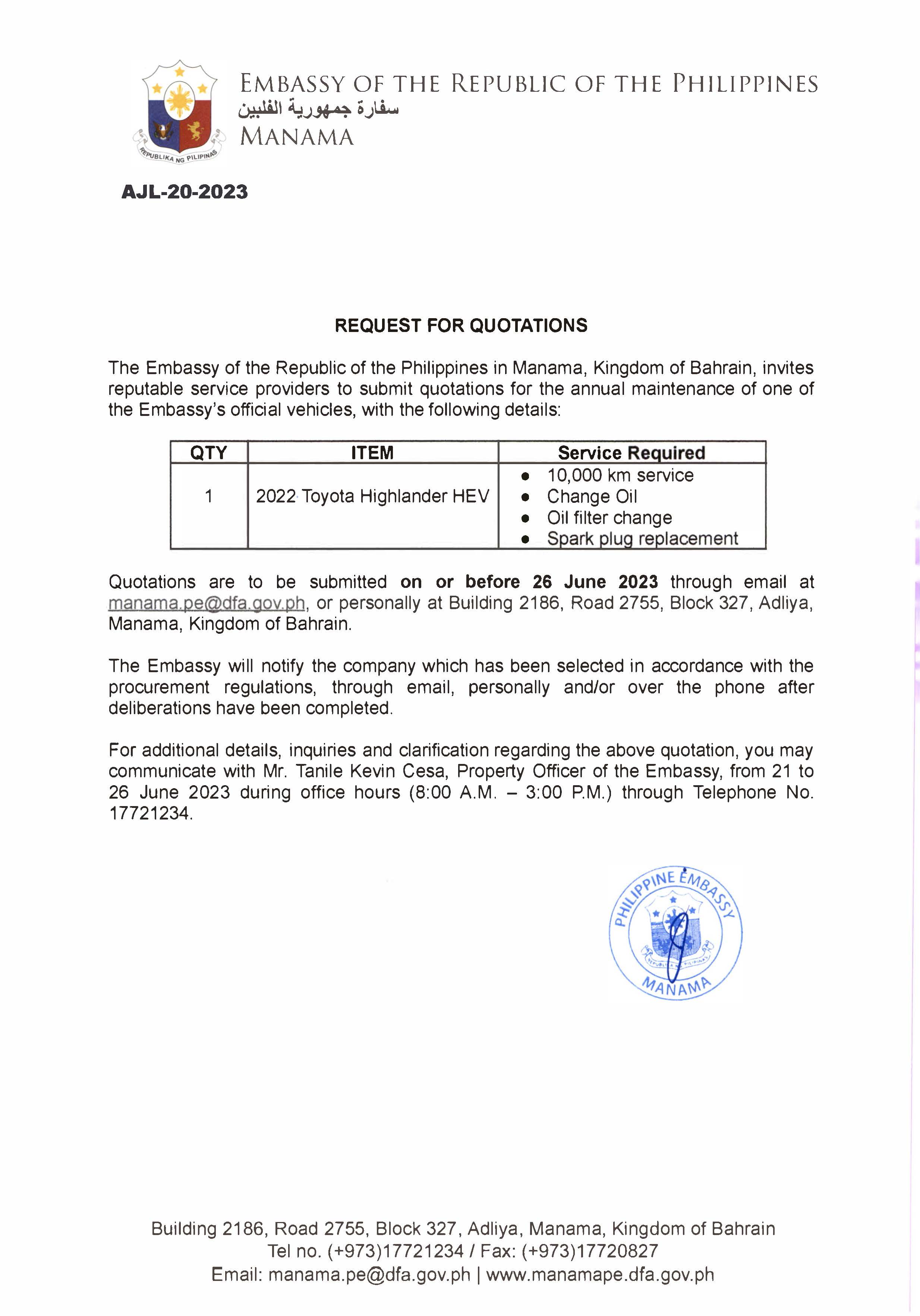 AJL 20 2023 Request for Quotations for the Annual Maintenance of 2022 Toyota Higlander HEV
