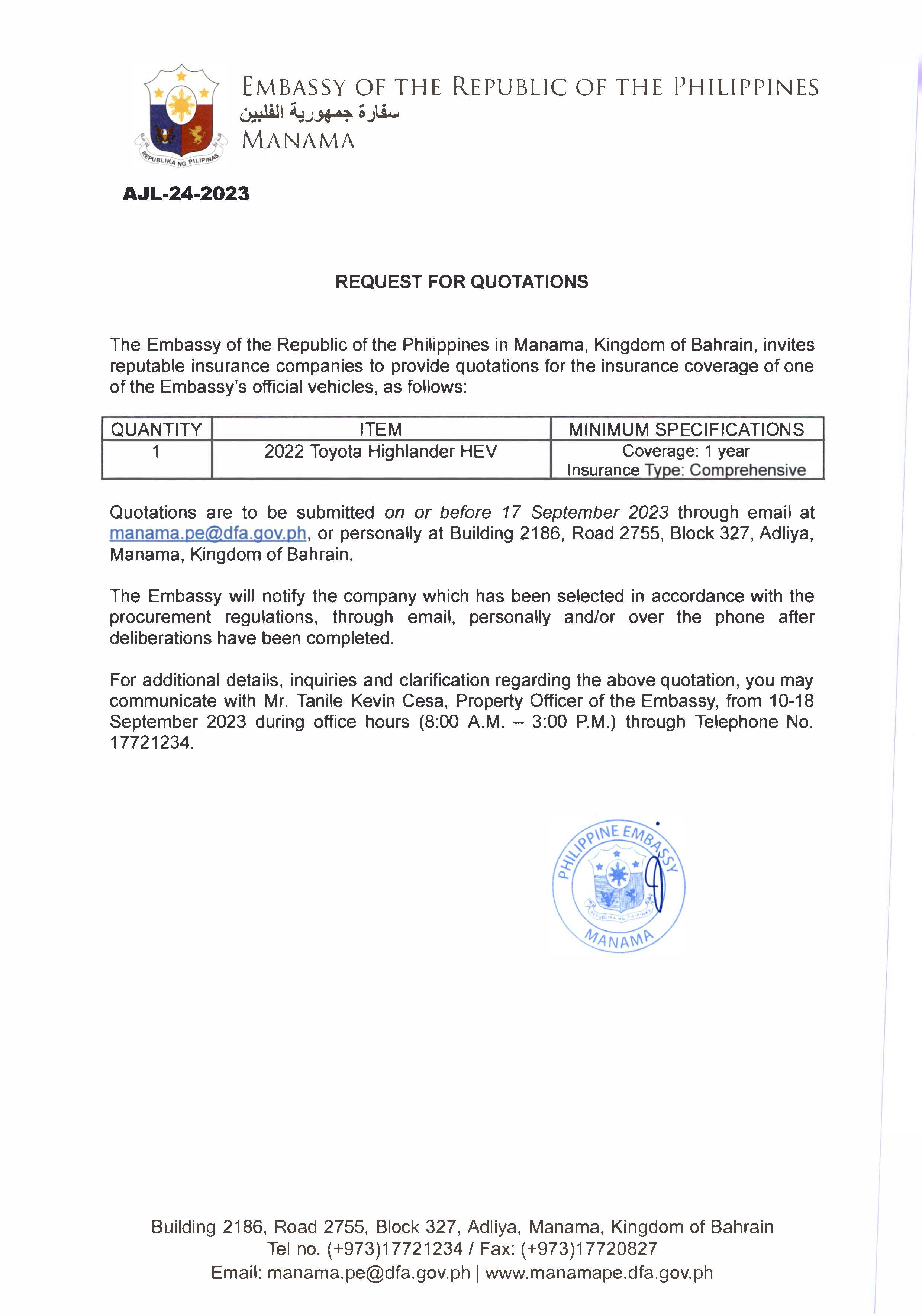 AJL 24 2023 Request for Quotations for the Insurance Coverage of 2022 Toyota Highlander HEV