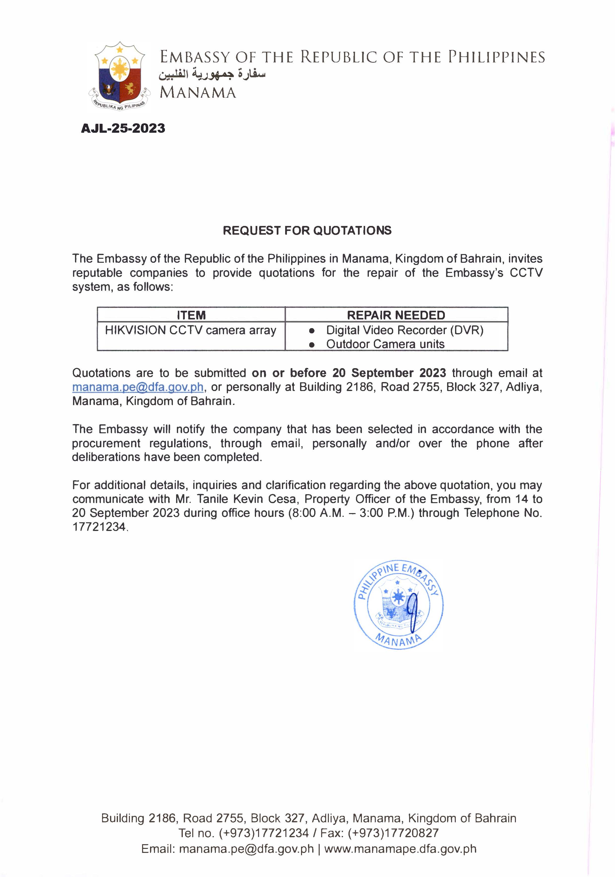 AJL 25 2023 Request for Quotations for the Repair of the Embassys CCTV System