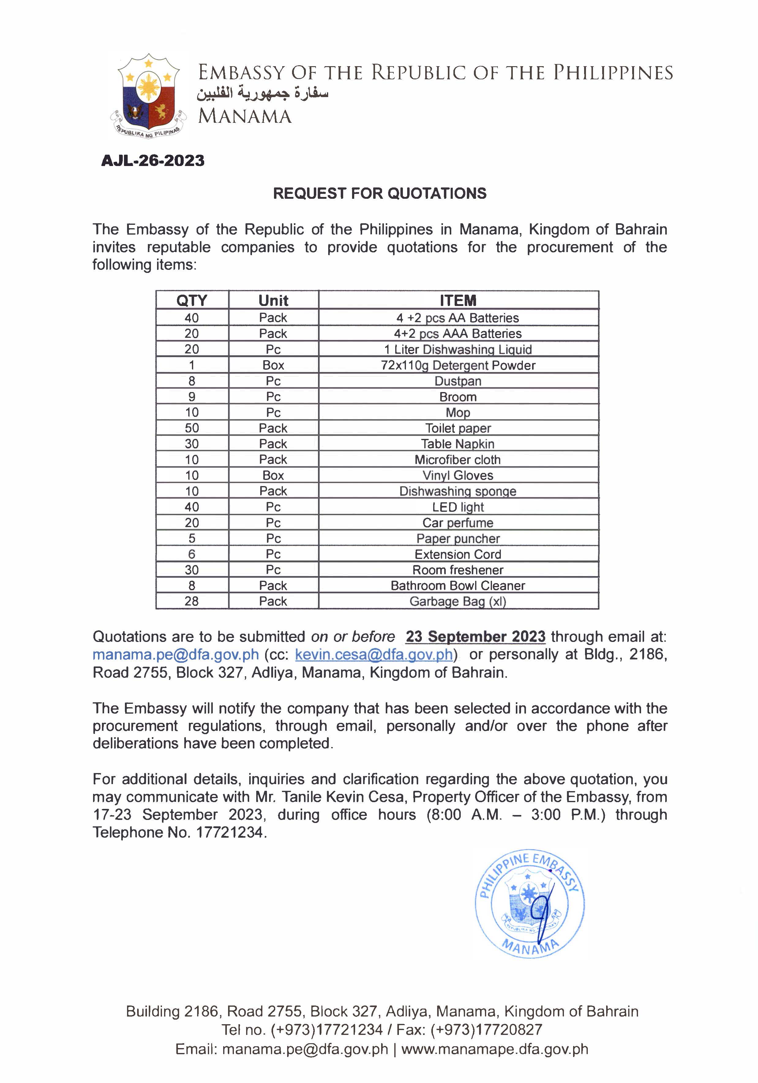 AJL 26 2023 Request for Quotations for the Procurement of Various Items for the Daily Operations of the Embassy