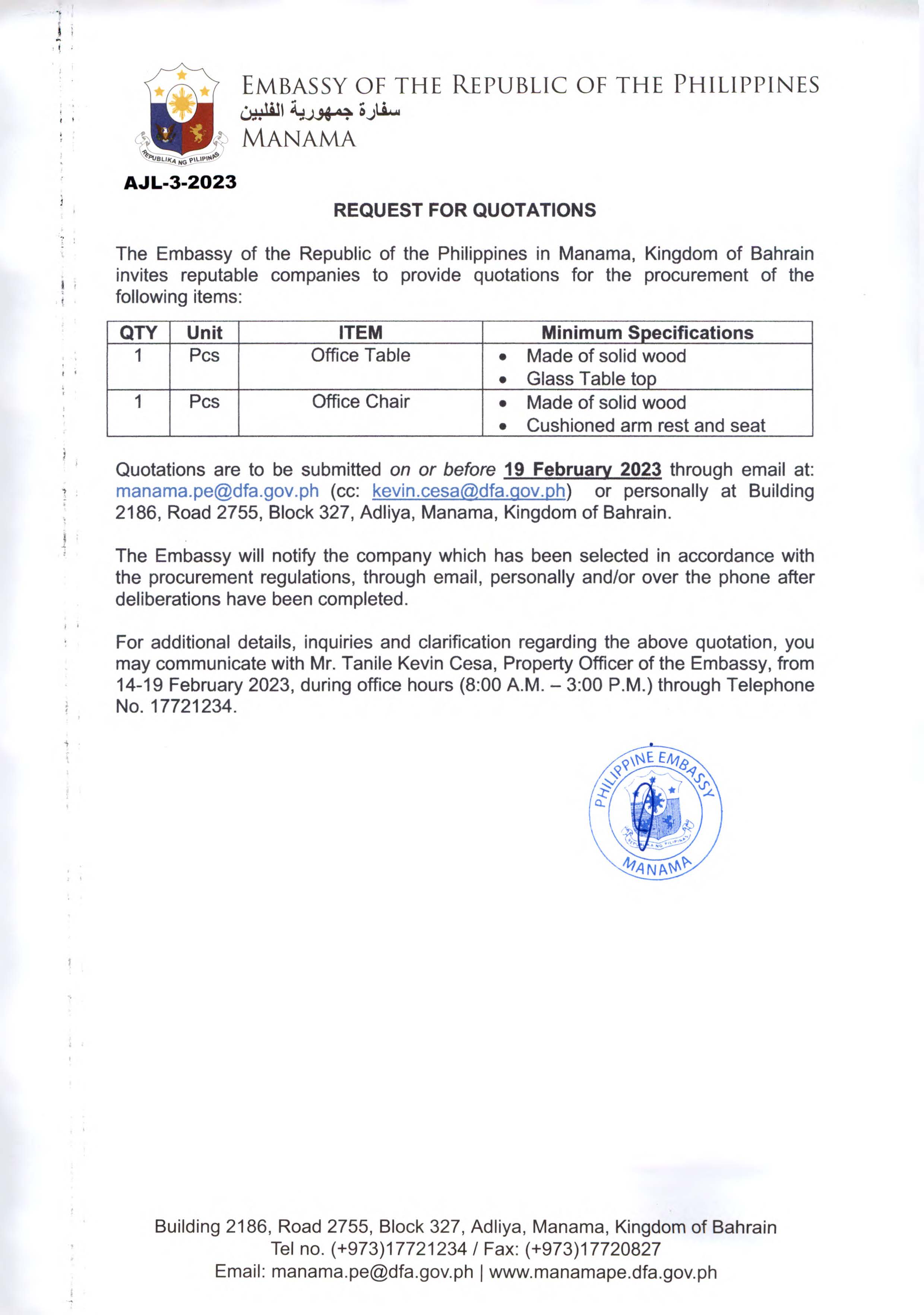 AJL 3 2023 Request for Quotations for the Procurement of One 1 Office Table and One 1 Office Chair