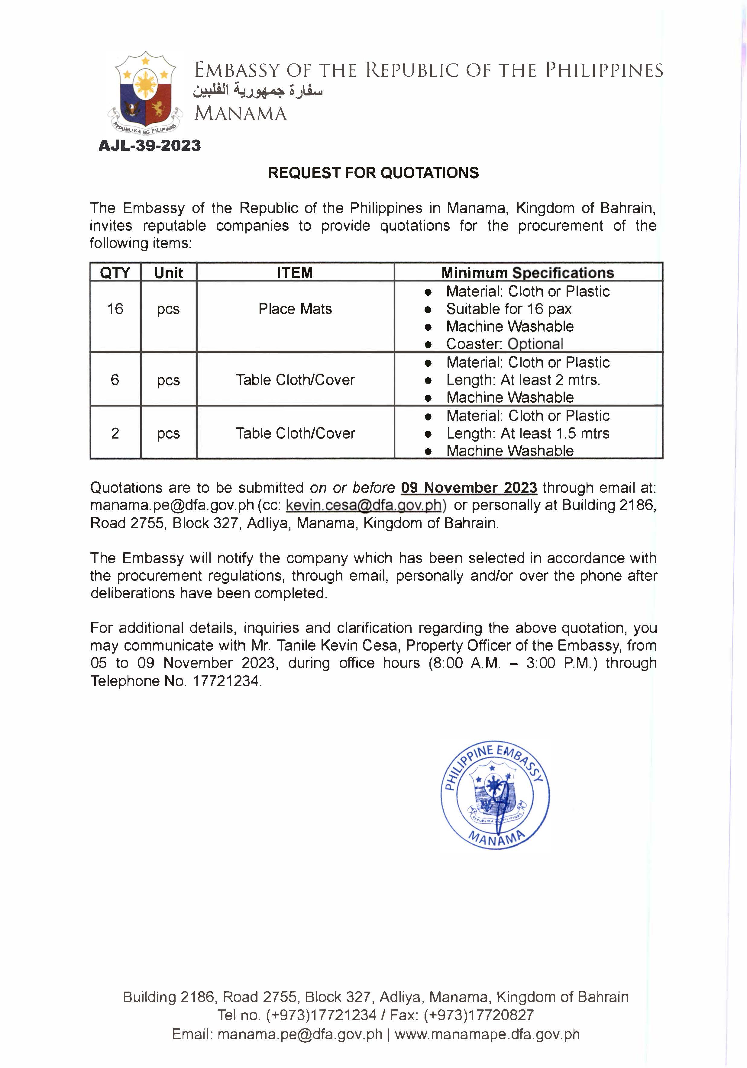 AJL 39 2023 Request for Quotations for the Procurement of Place Mats and Table Cloths or Covers