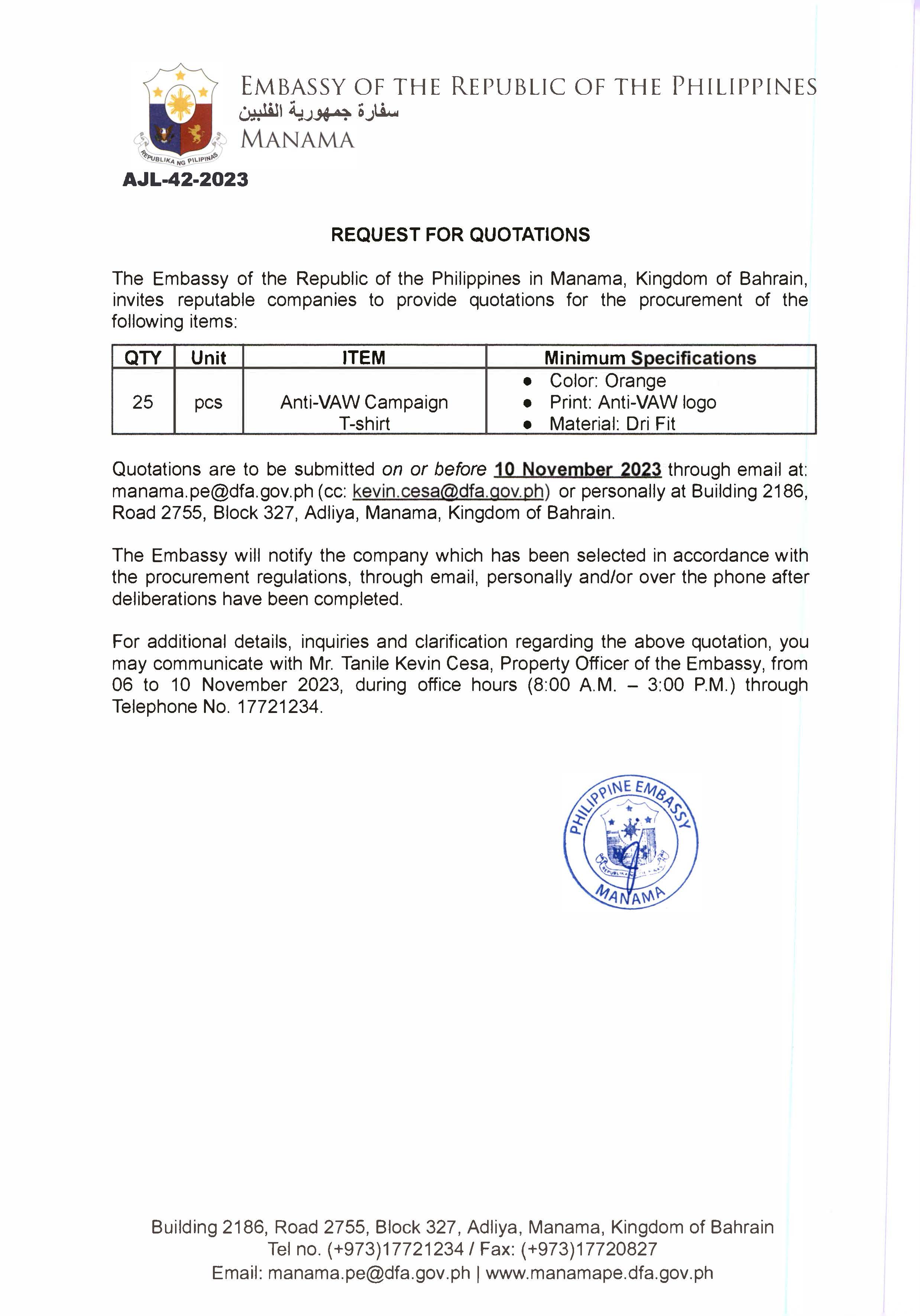 AJL 42 2023 Request for Quotations for the Procurement of 25 pcs Anti VAW Campaign Tshirt