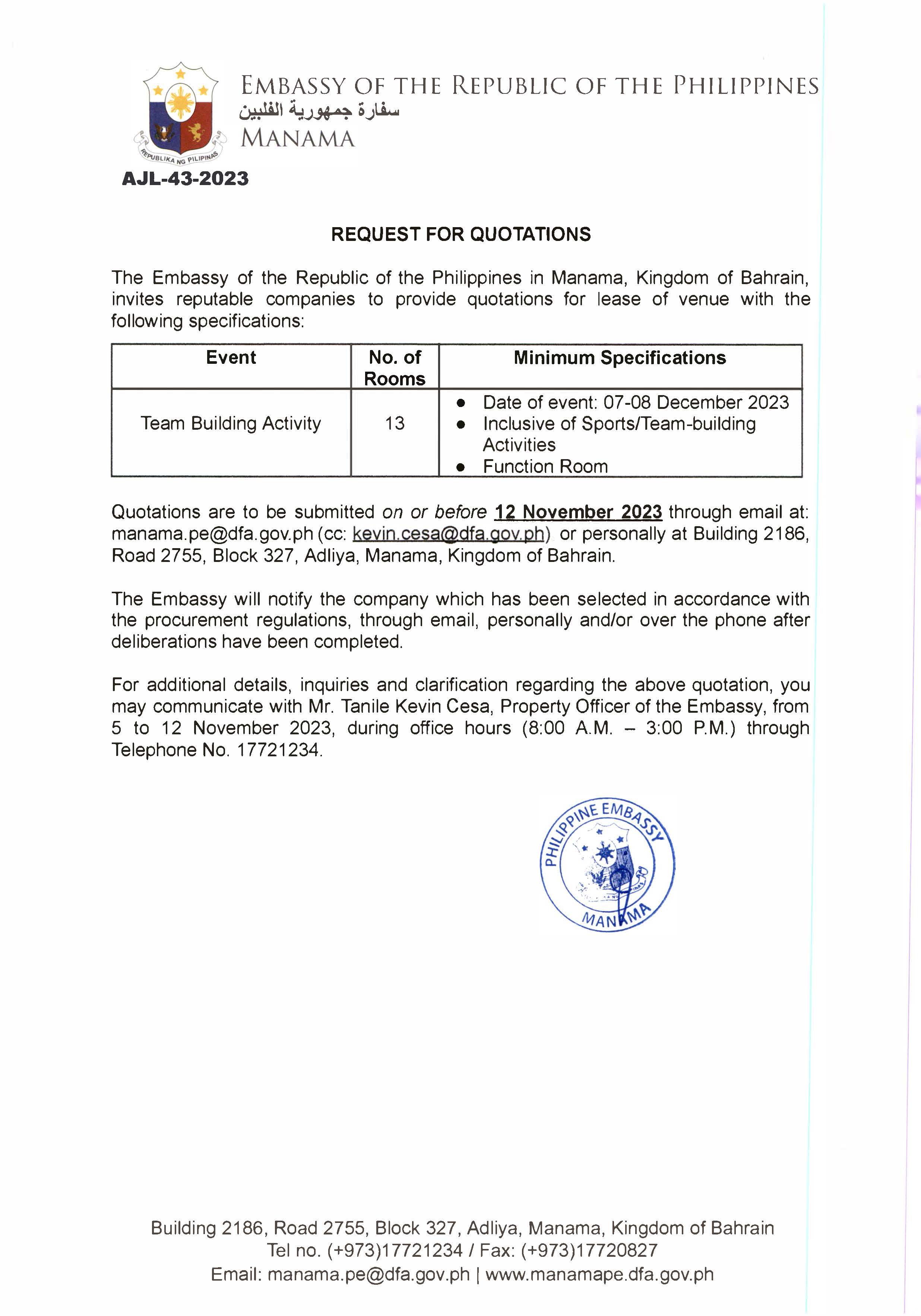 AJL 43 2023 Request for Quotations for theLease of Venue for Team Building Activity