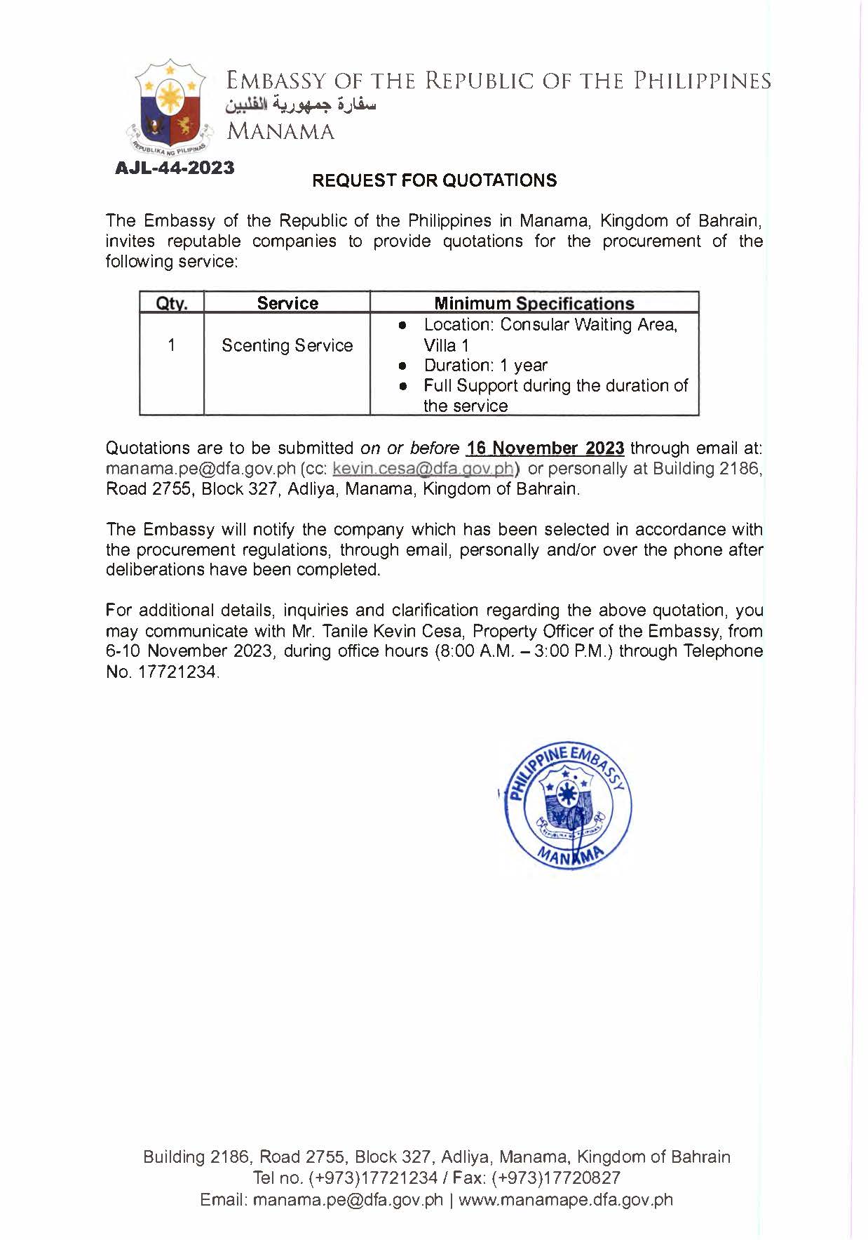 AJL 44 2023 Request for Quotations for the Procurement of Scenting Service for the Consular Section of the PH Embassy