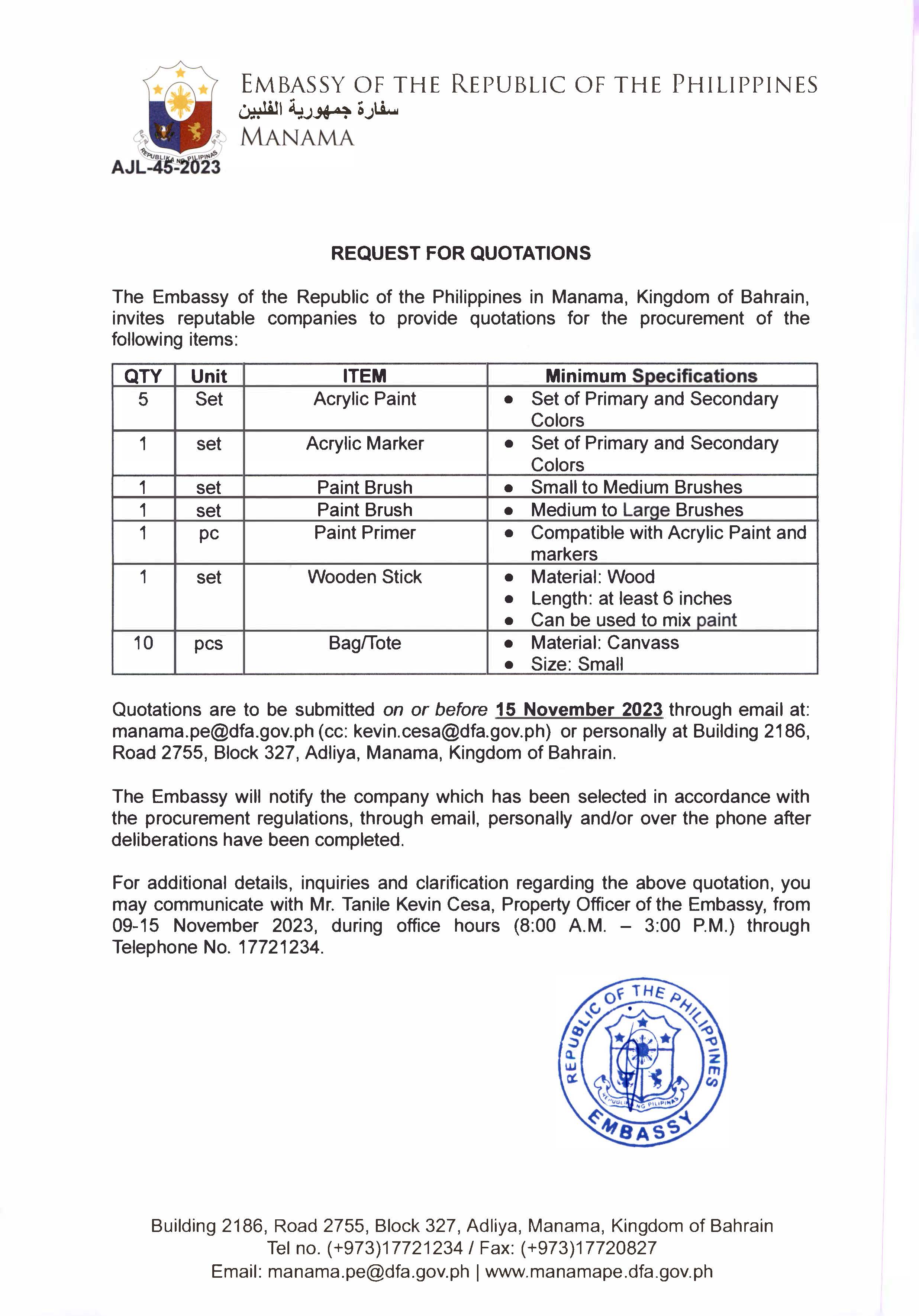 AJL 45 2023 Request for Quotations for the Procurement of Art Materials
