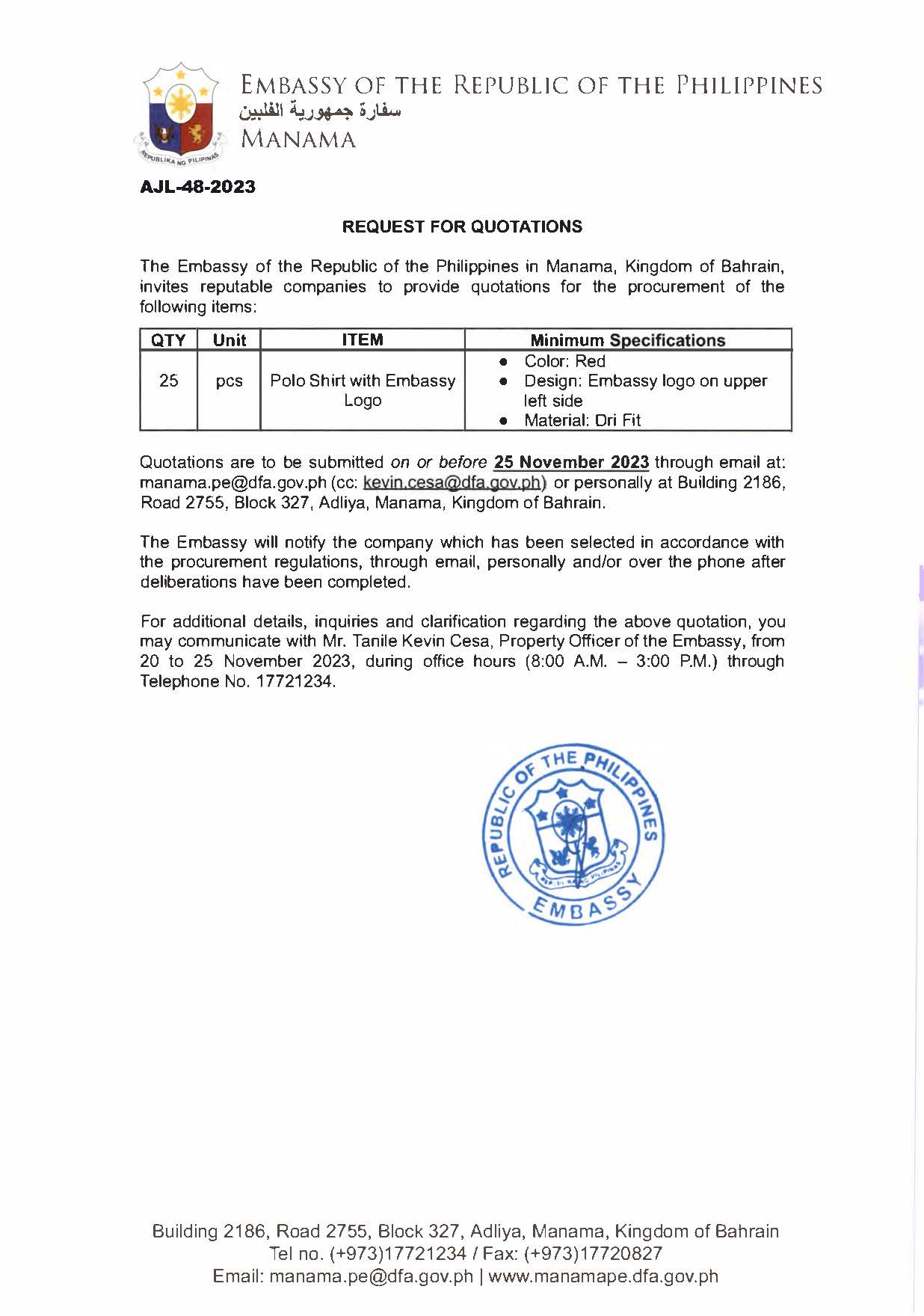AJL 48 2023 Request for Quotations for the Procurement of 25 pcs of Polo Shirt with Embassy Logo