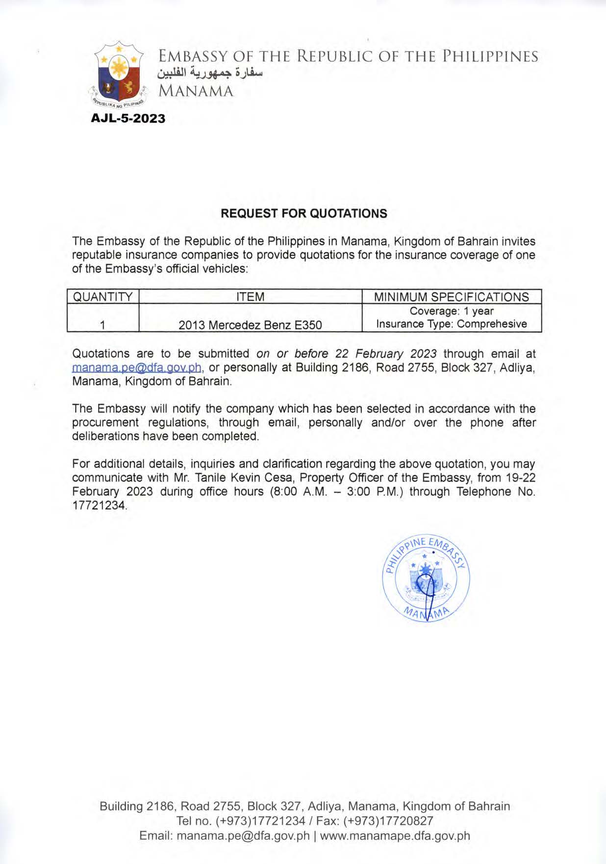 AJL 5 2023 Request for Quotations for the Insurance Coverage of one 1 of the Embassys Official Vehicles