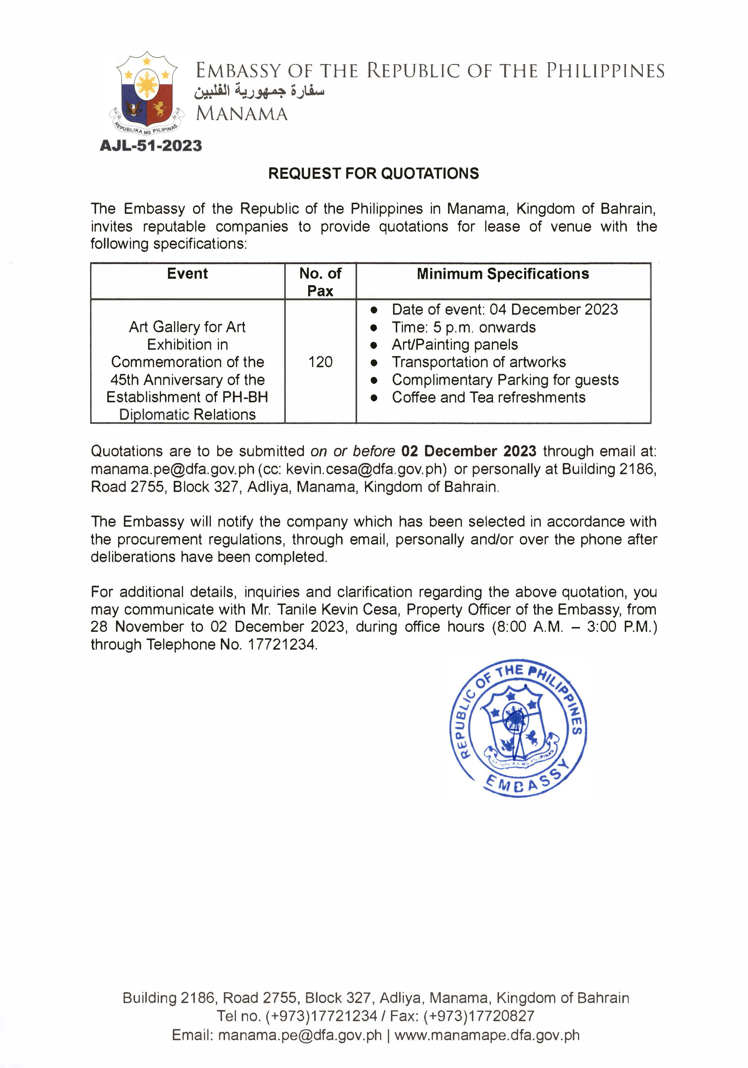 AJL 51 2023 Request for Quotations for the Lease of Venue for the Art Gallery in Commemoration of the 45th Anniversary of the Establishment of PH BH Diplomatic Relations
