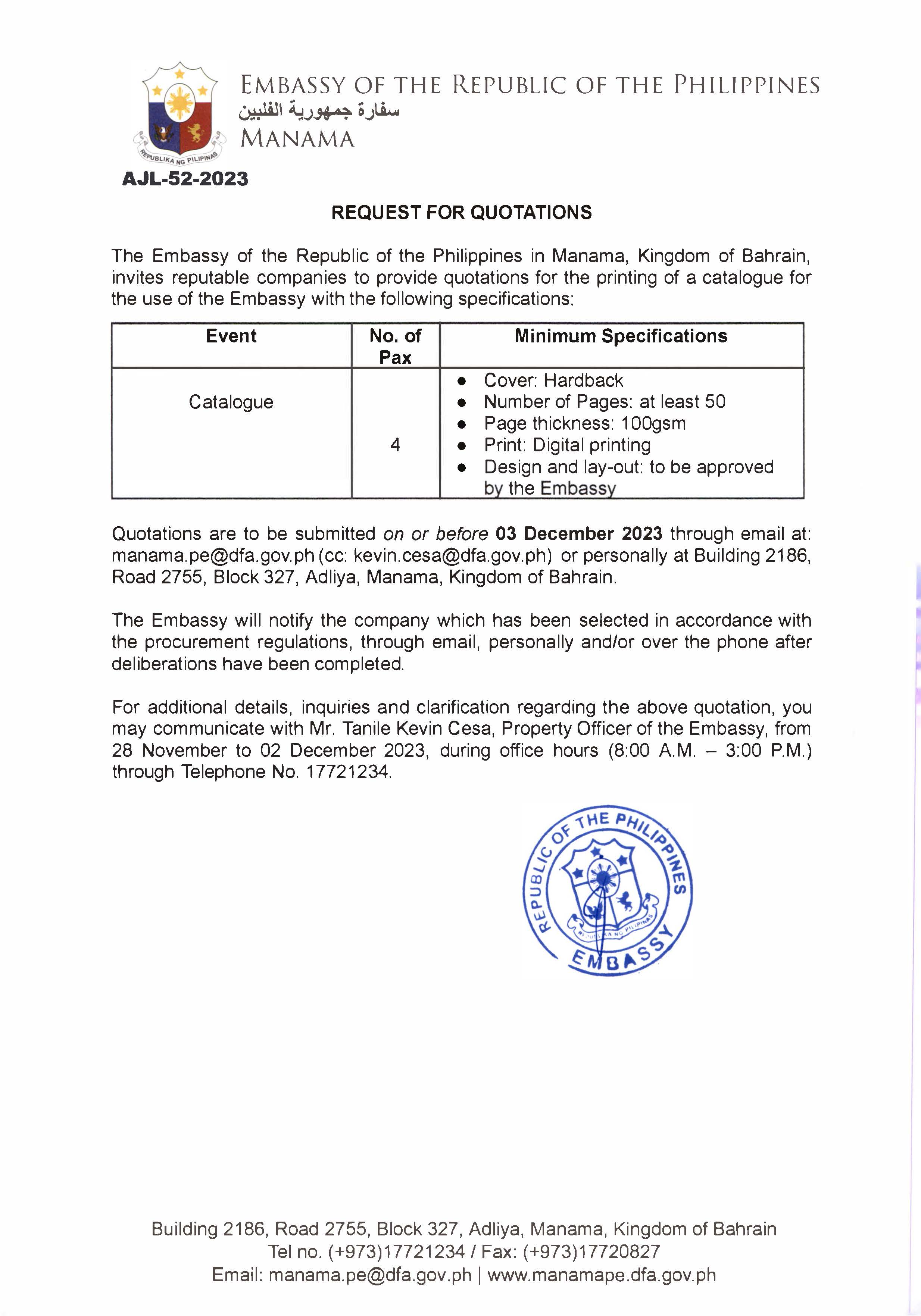 AJL 52 2023 Request for Quotations for the Printing of a Catalogue for the Embassy