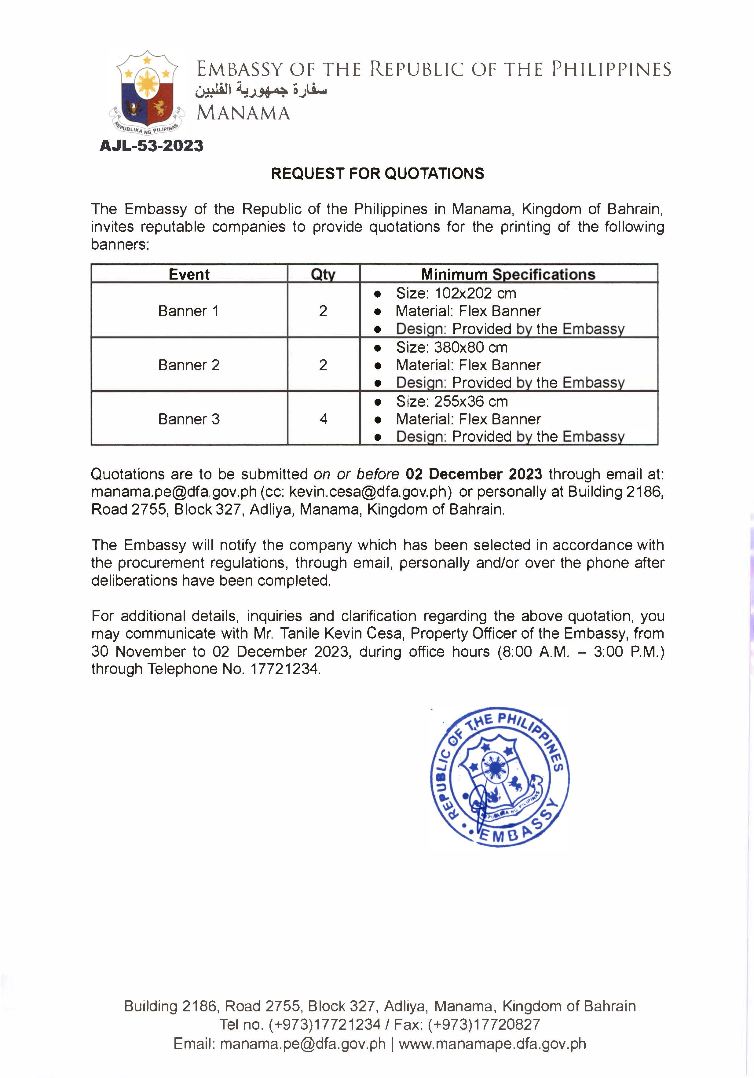 AJL 53 2023 Request for Quotations for the Printing of Banners for the Embassy