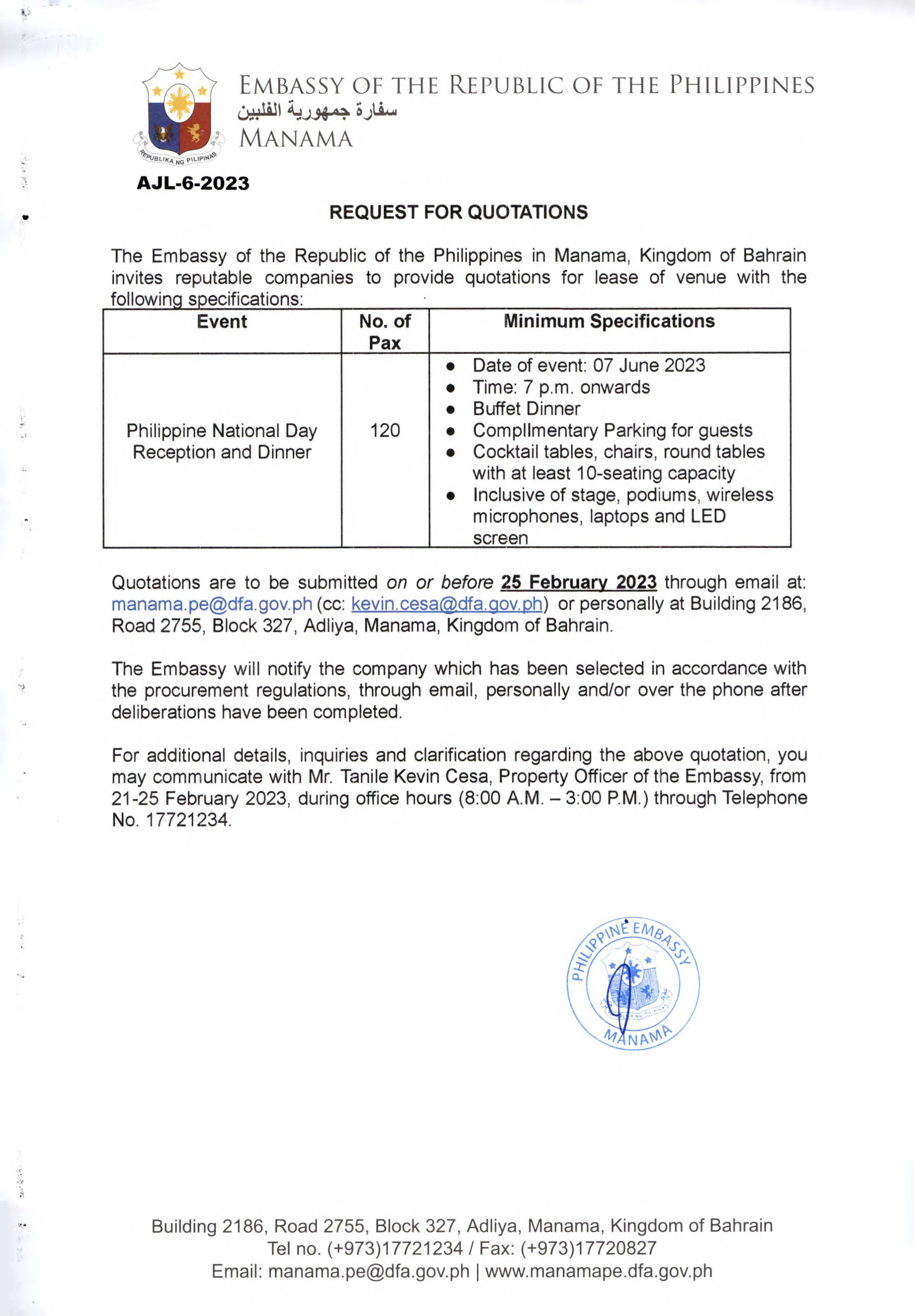 AJL 6 2023 Request for Quotations for Lease of Venue for the Philippine National Day Reception and Dinner