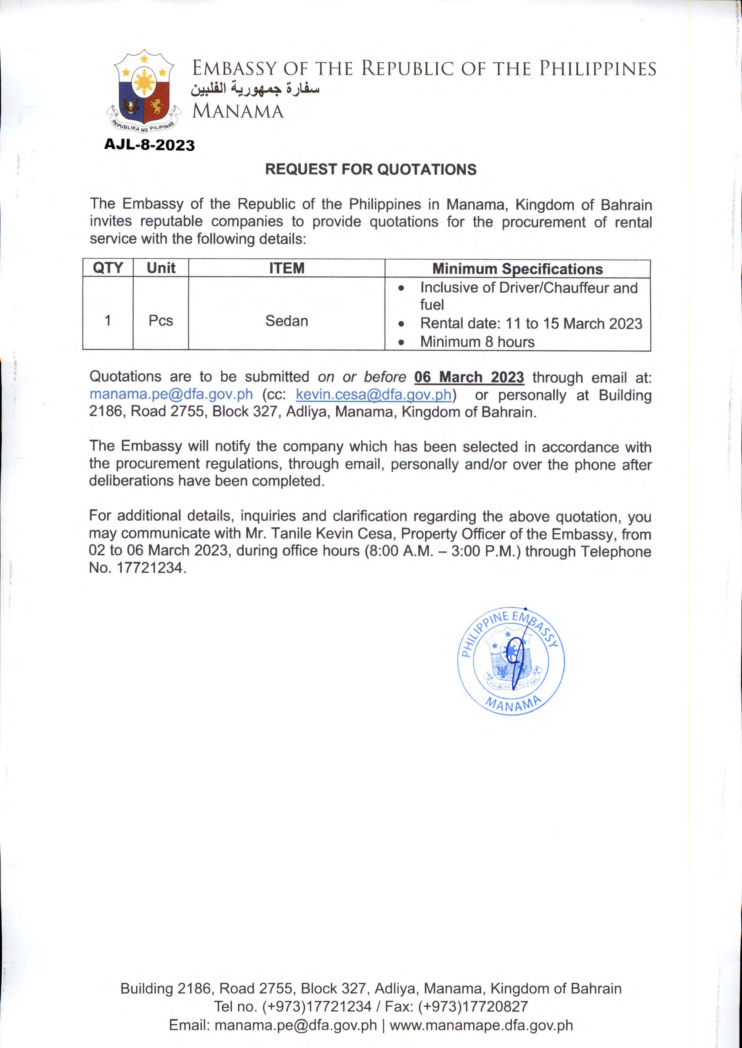 AJL 8 2023 Request for Quotations for the Procurement of Rental Service of One 1 Sedan