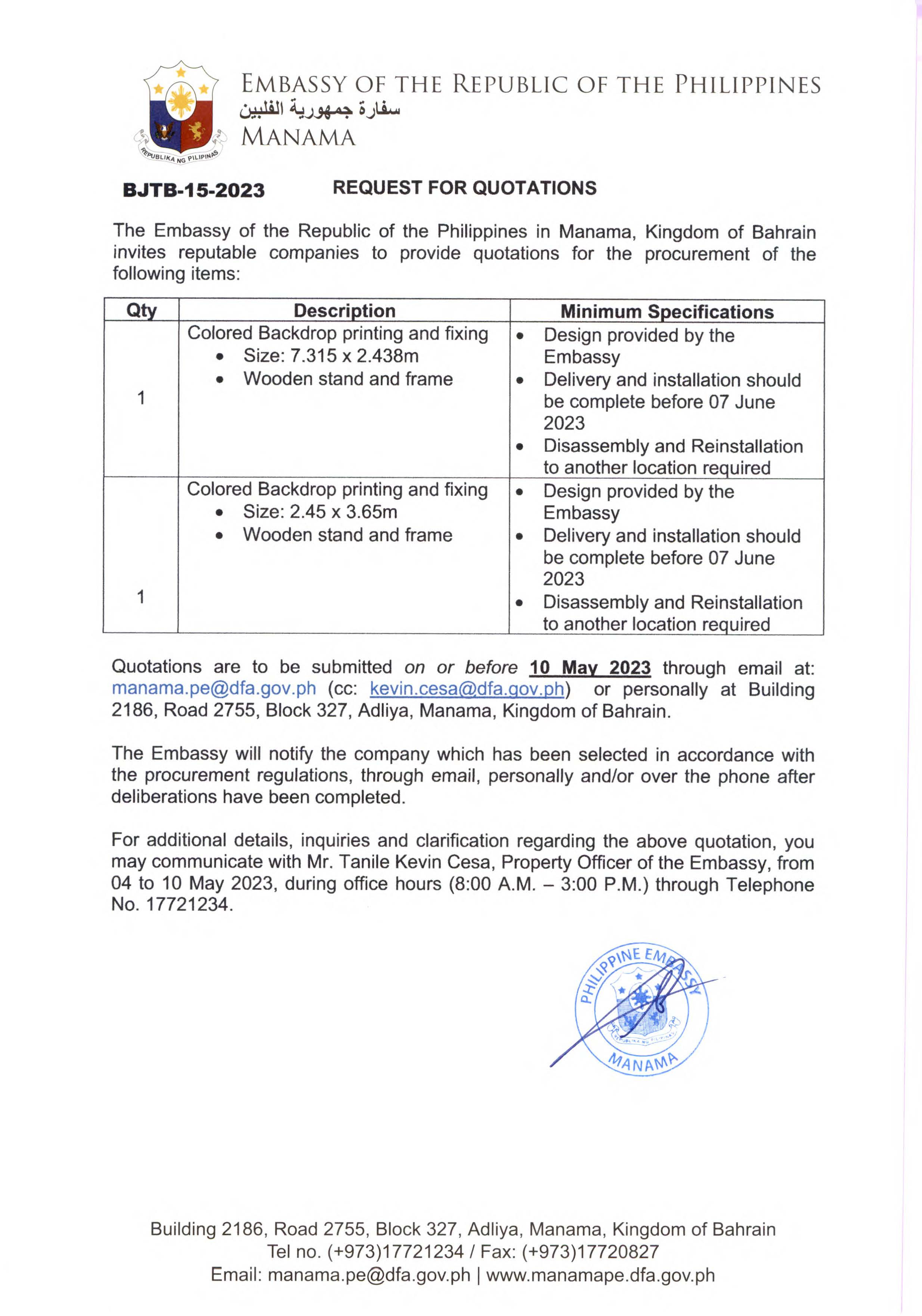 BJTB 15 2023 Request for Quotations for the Procurement of Colored Backdrops printing and fixing