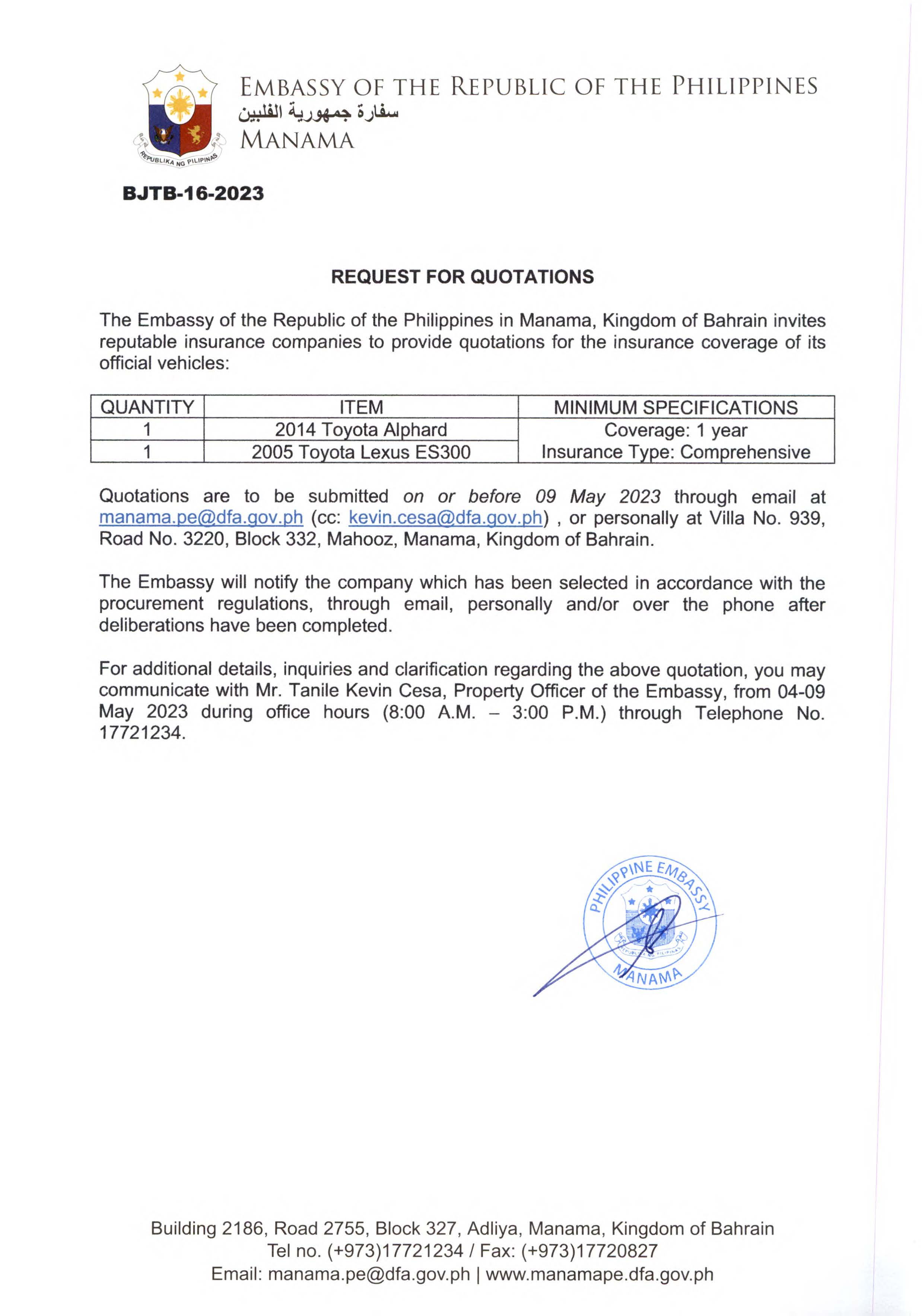 BJTB 16 2023 Request for Quotations for the Insurance Coverage of the Official Vehicles of Manama PE