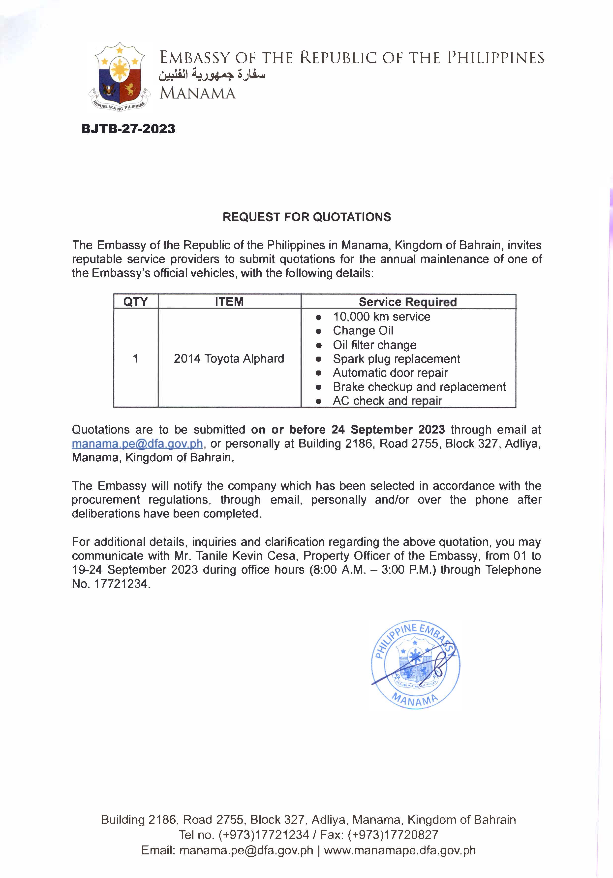 BJTB 27 2023 Request for Quotations for the Annual Maintenance of 2014 Toyota Alphard