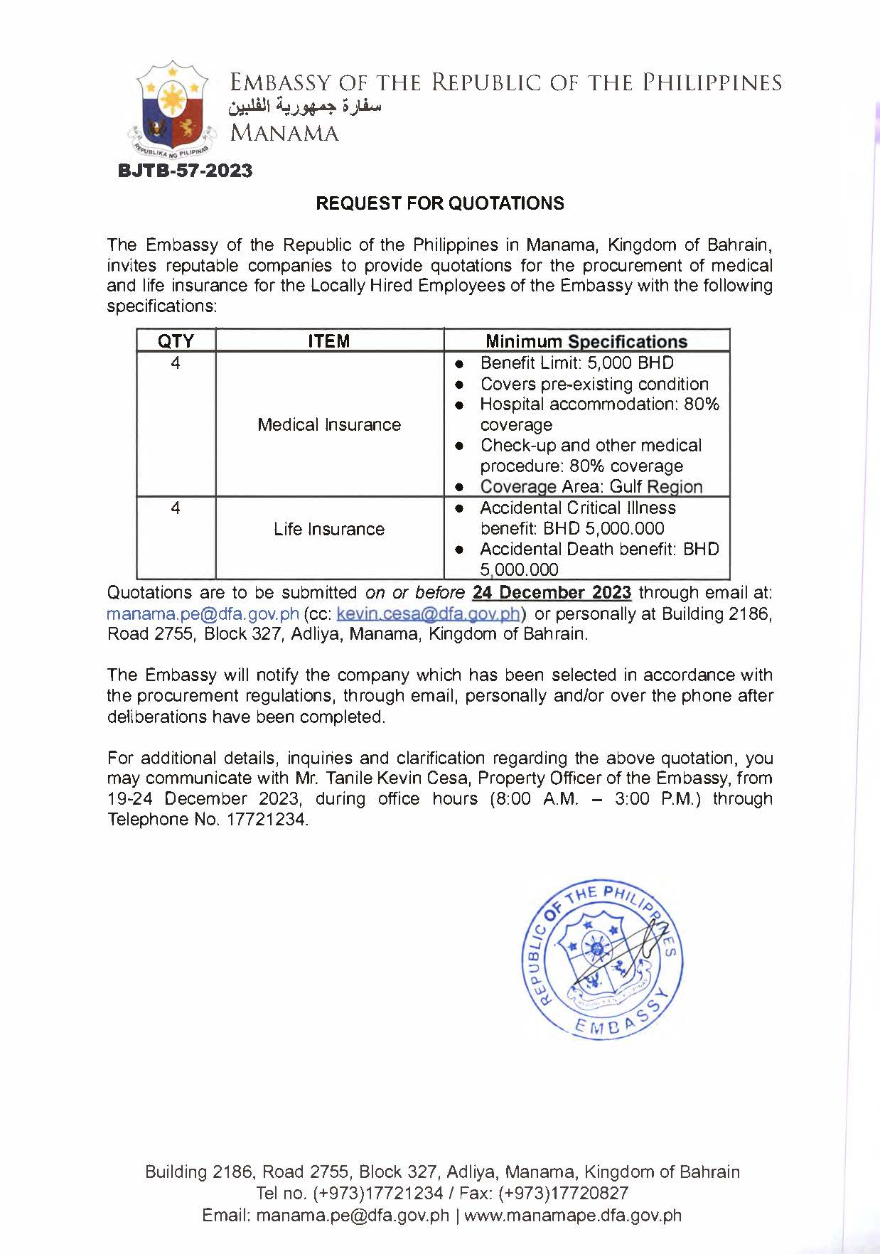 BJTB 57 2023 Request for Quotations for the Procurement of Medical and Life Insurance of Locally Hired Employees of the Embassy
