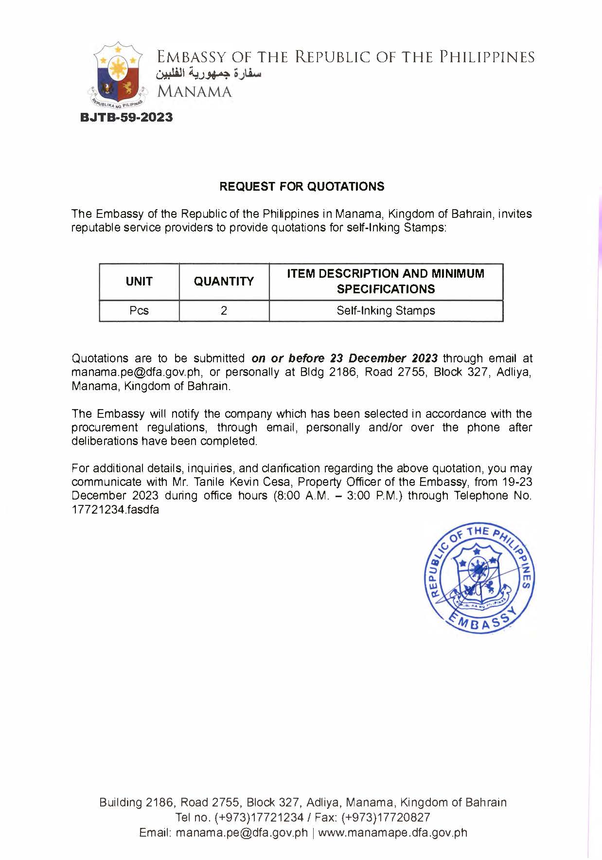 BJTB 59 2023 Request for Quotations for Procurement of Self Inking Stamps
