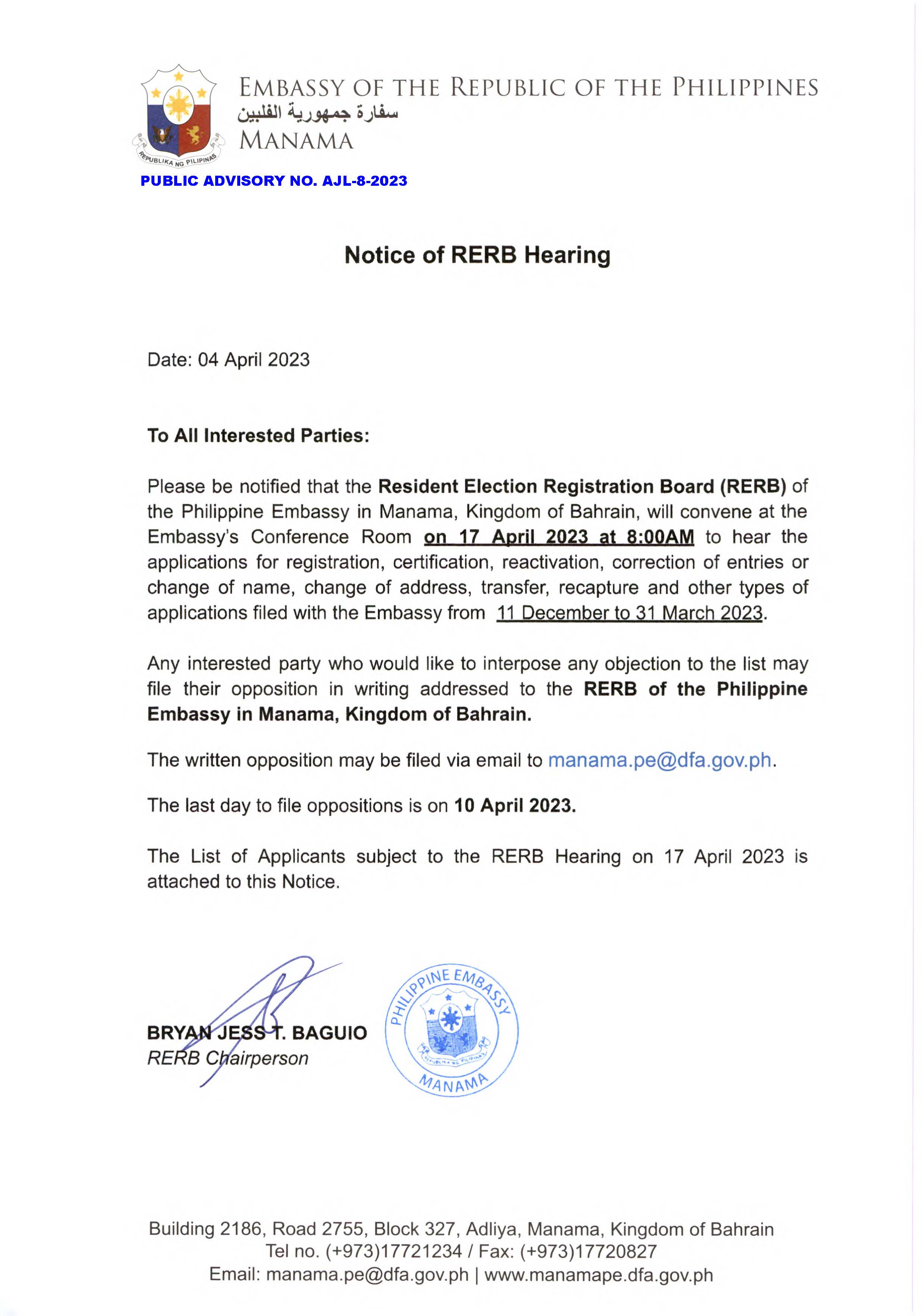 PUBLIC ADVISORY NO. AJL 8 2023 Notice of RERB Hearing Page 1
