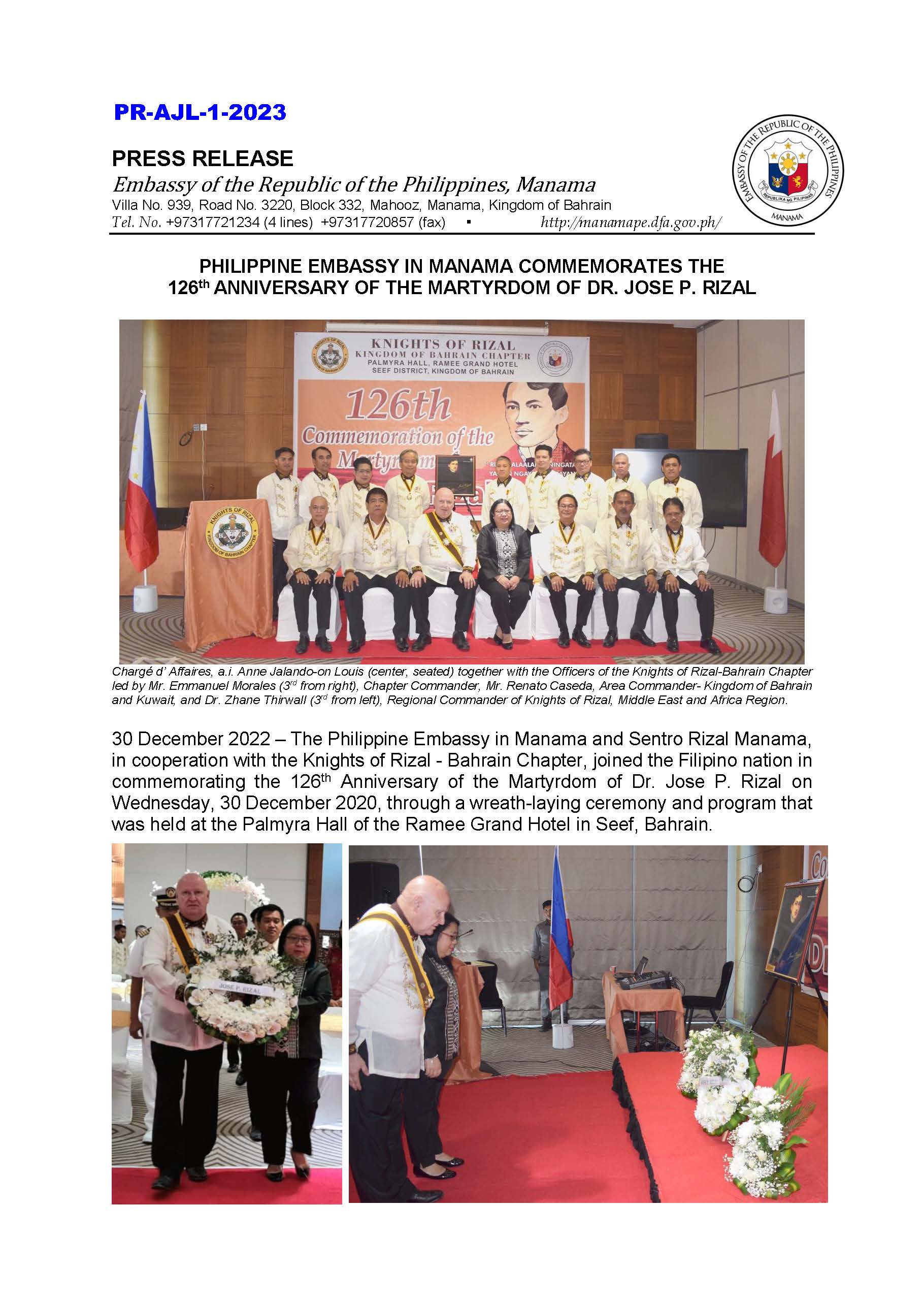 PR AJL 1 2023 PHILIPPINE EMBASSY IN MANAMA COMMEMORATES THE 126th ANNIVERSARY OF THE MARTYRDOM OF DR. JOSE P. RIZAL Page 1
