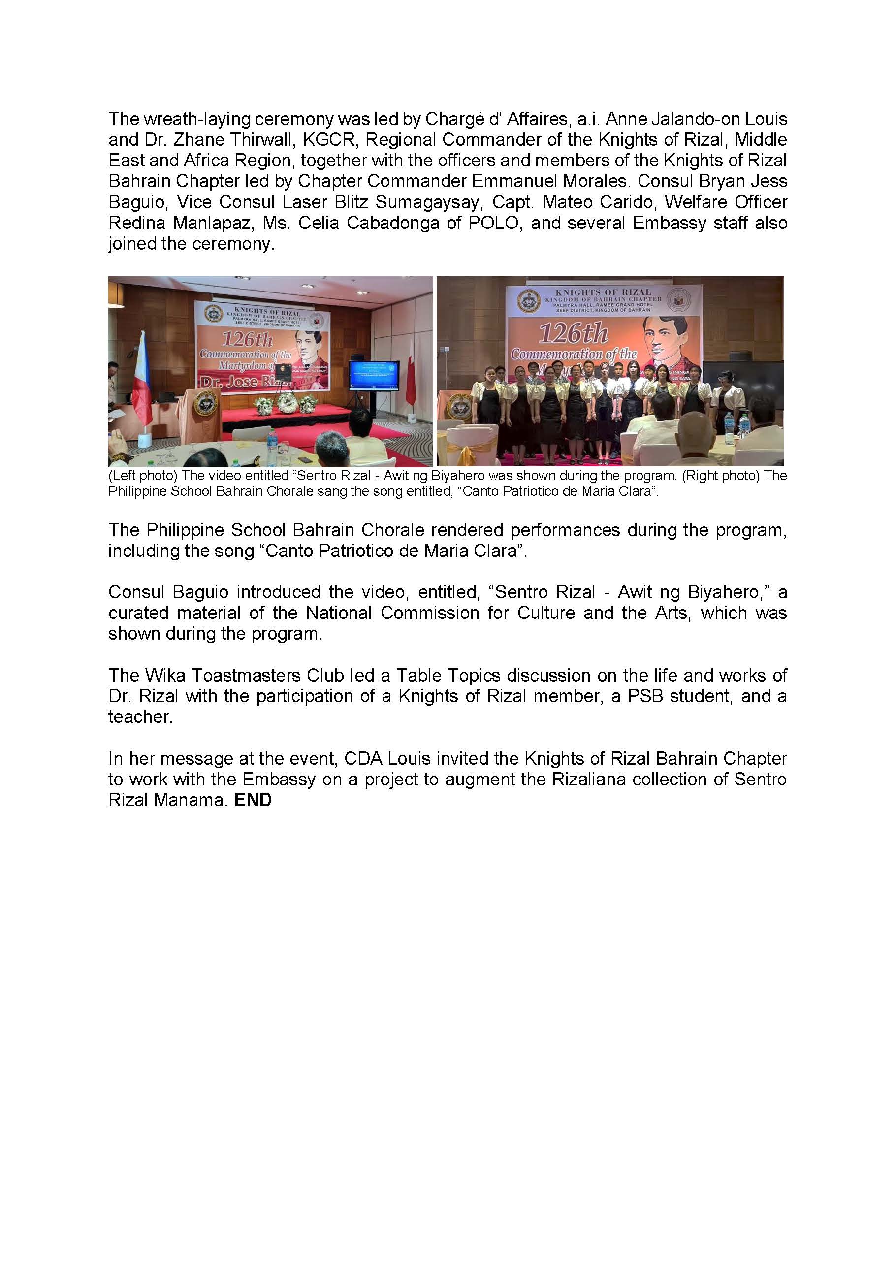 PR AJL 1 2023 PHILIPPINE EMBASSY IN MANAMA COMMEMORATES THE 126th ANNIVERSARY OF THE MARTYRDOM OF DR. JOSE P. RIZAL Page 2