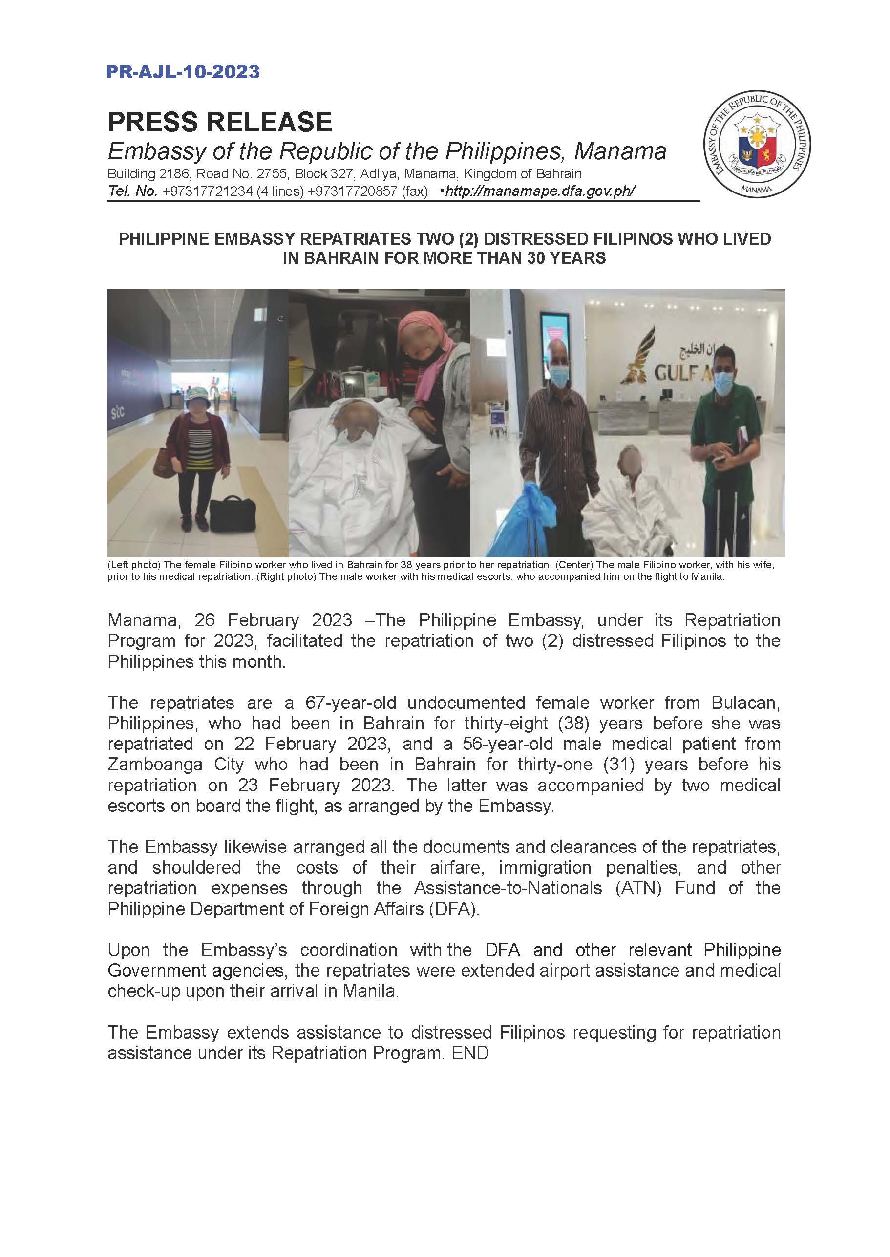 PR AJL 10 2023 PHILIPPINE EMBASSY REPATRIATES TWO 2 DISTRESSED FILIPINOS WHO LIVED IN BAHRAIN FOR MORE THAN 30 YEARS