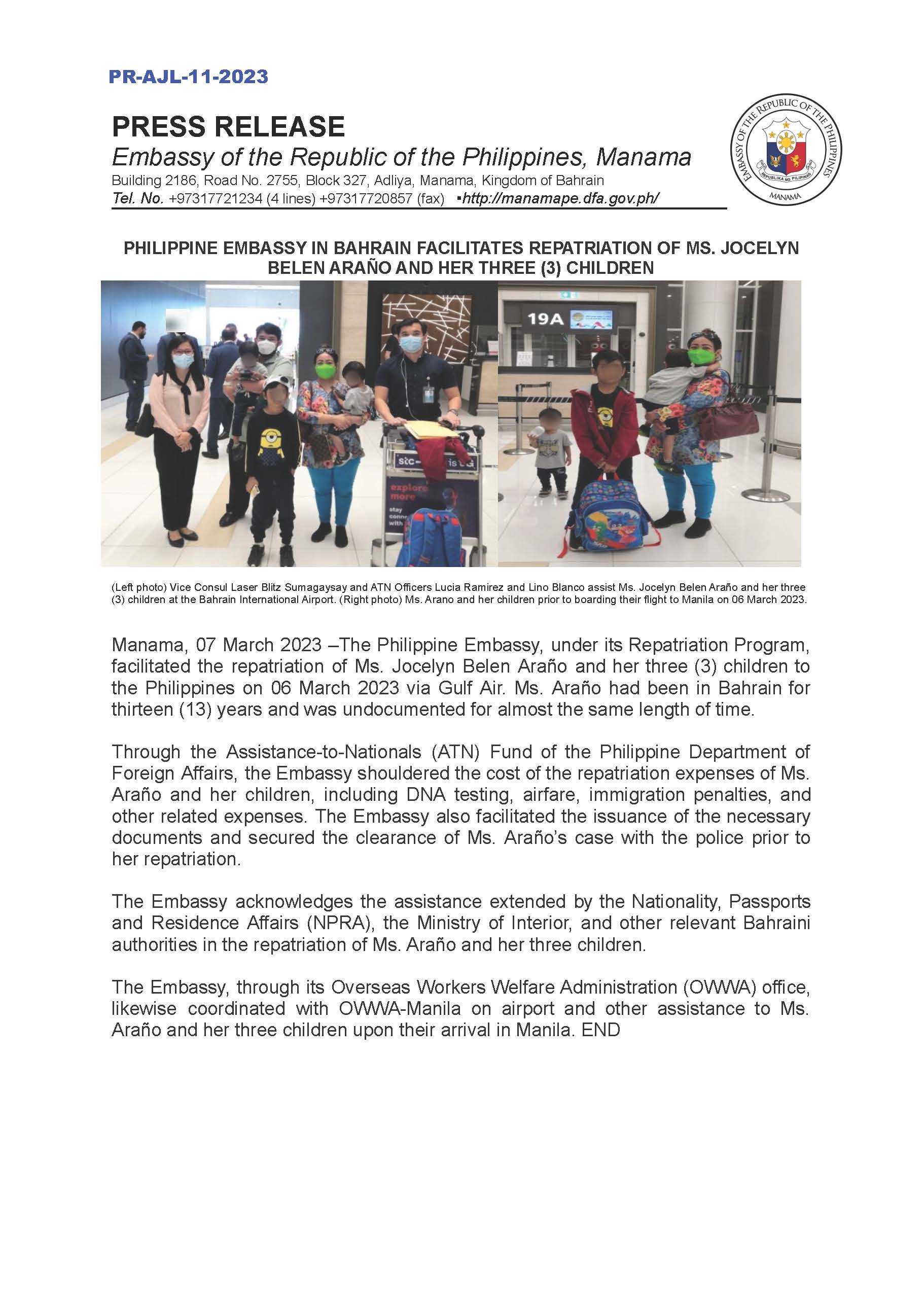 PR AJL 11 2023 PHILIPPINE EMBASSY IN BAHRAIN FACILITATES REPATRIATION OF MS. JOCELYN BELEN ARANO AND HER THREE 3 CHILDREN