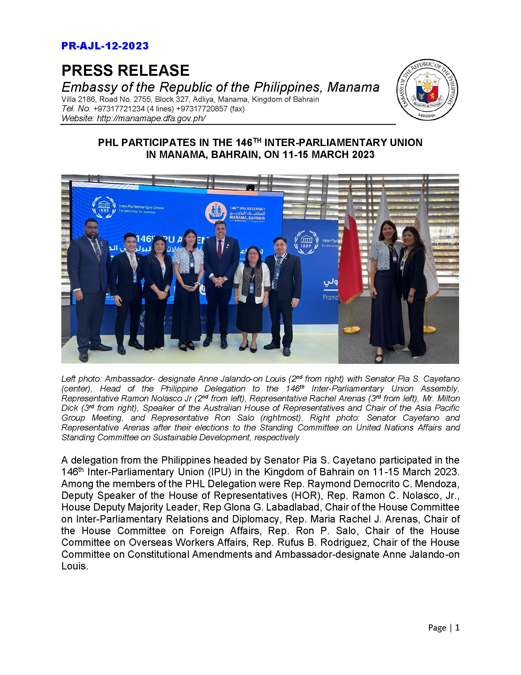PR AJL 12 2023 PHL PARTICIPATES IN THE 146TH INTER PARLIAMENTARY UNION IN MANAMA BAHRAIN ON 11 15 MARCH 2023 Page 1