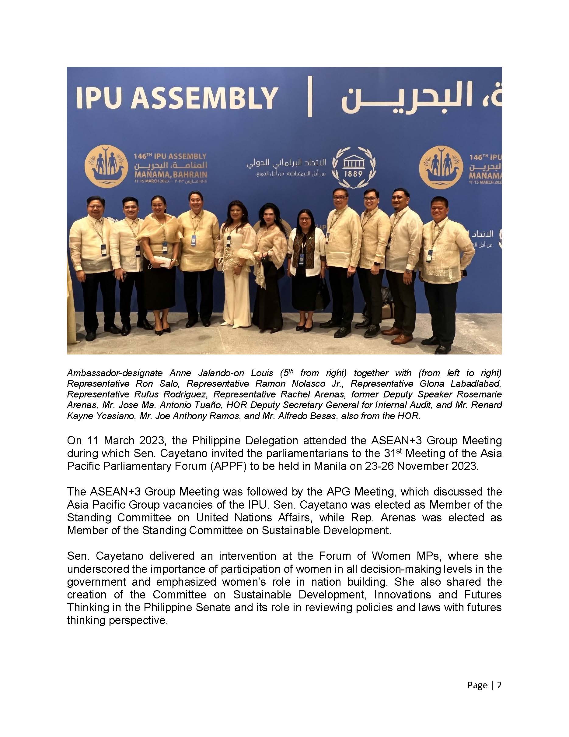PR AJL 12 2023 PHL PARTICIPATES IN THE 146TH INTER PARLIAMENTARY UNION IN MANAMA BAHRAIN ON 11 15 MARCH 2023 Page 2