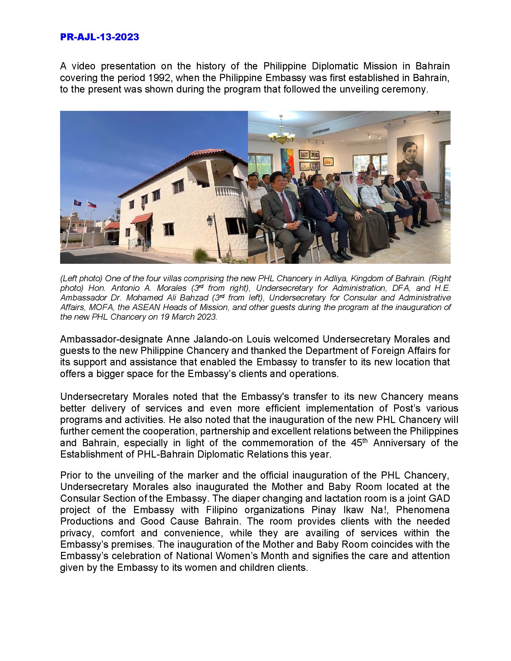 PR AJL 13 2023 DFA UNDERSECRETARY FOR ADMINISTRATION ANTONIO A. MORALES INAUGURATES NEW PHILIPPINE CHANCERY IN THE KINGDOM OF BAHRAIN ON 19 MARCH 2023 Page 2