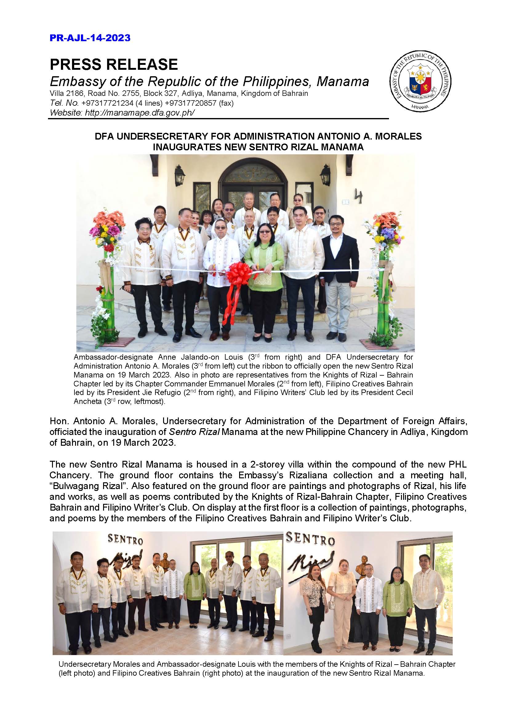PR AJL 14 2023 DFA UNDERSECRETARY FOR ADMINISTRATION ANTONIO A. MORALES INAUGURATES NEW SENTRO RIZAL MANAMA Page 1