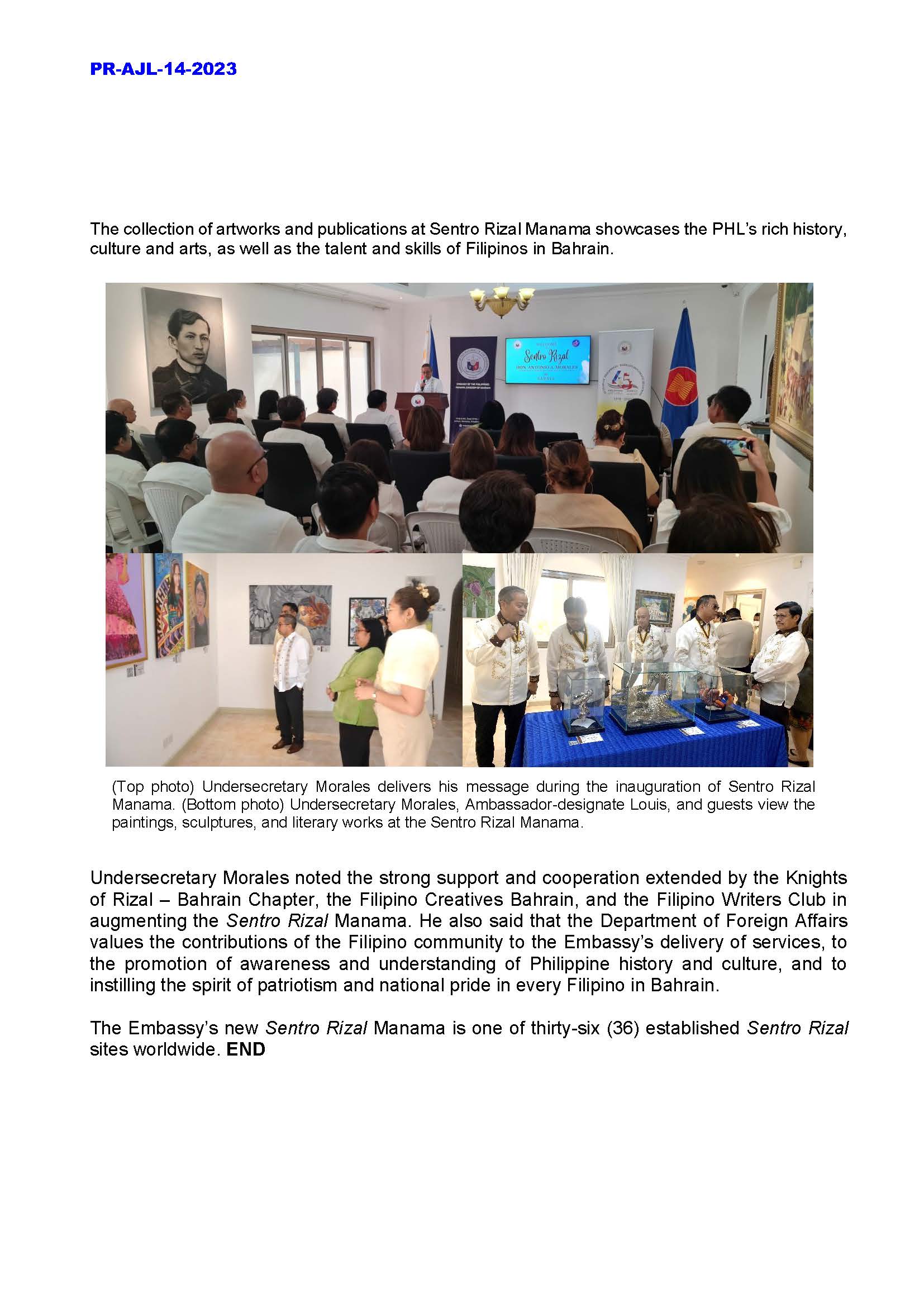 PR AJL 14 2023 DFA UNDERSECRETARY FOR ADMINISTRATION ANTONIO A. MORALES INAUGURATES NEW SENTRO RIZAL MANAMA Page 2