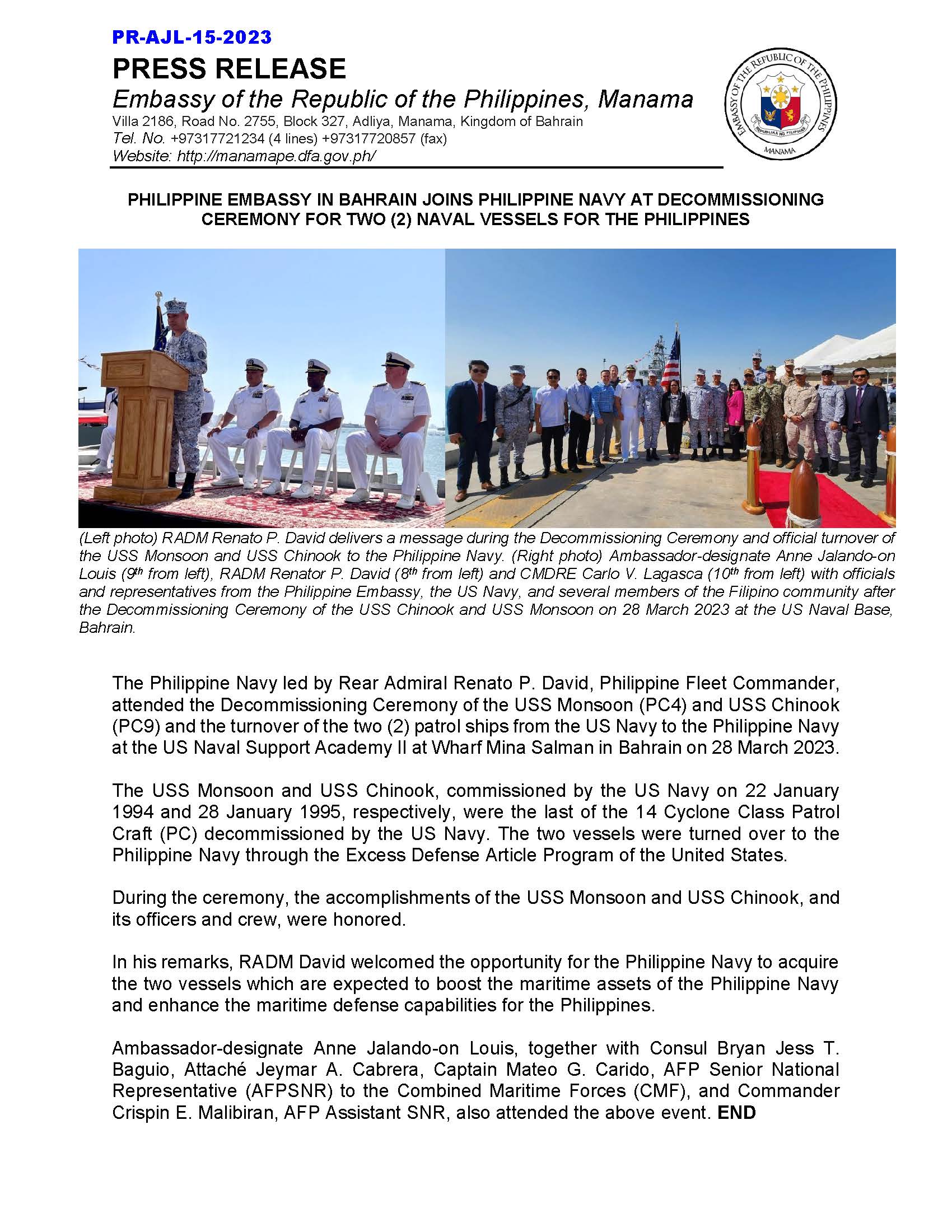 PR AJL 15 2023 PHILIPPINE EMBASSY IN BAHRAIN JOINS PHILIPPINE NAVY AT DECOMMISSIONING CEREMONY FOR TWO 2 NAVAL VESSELS FOR THE PHILIPPINES