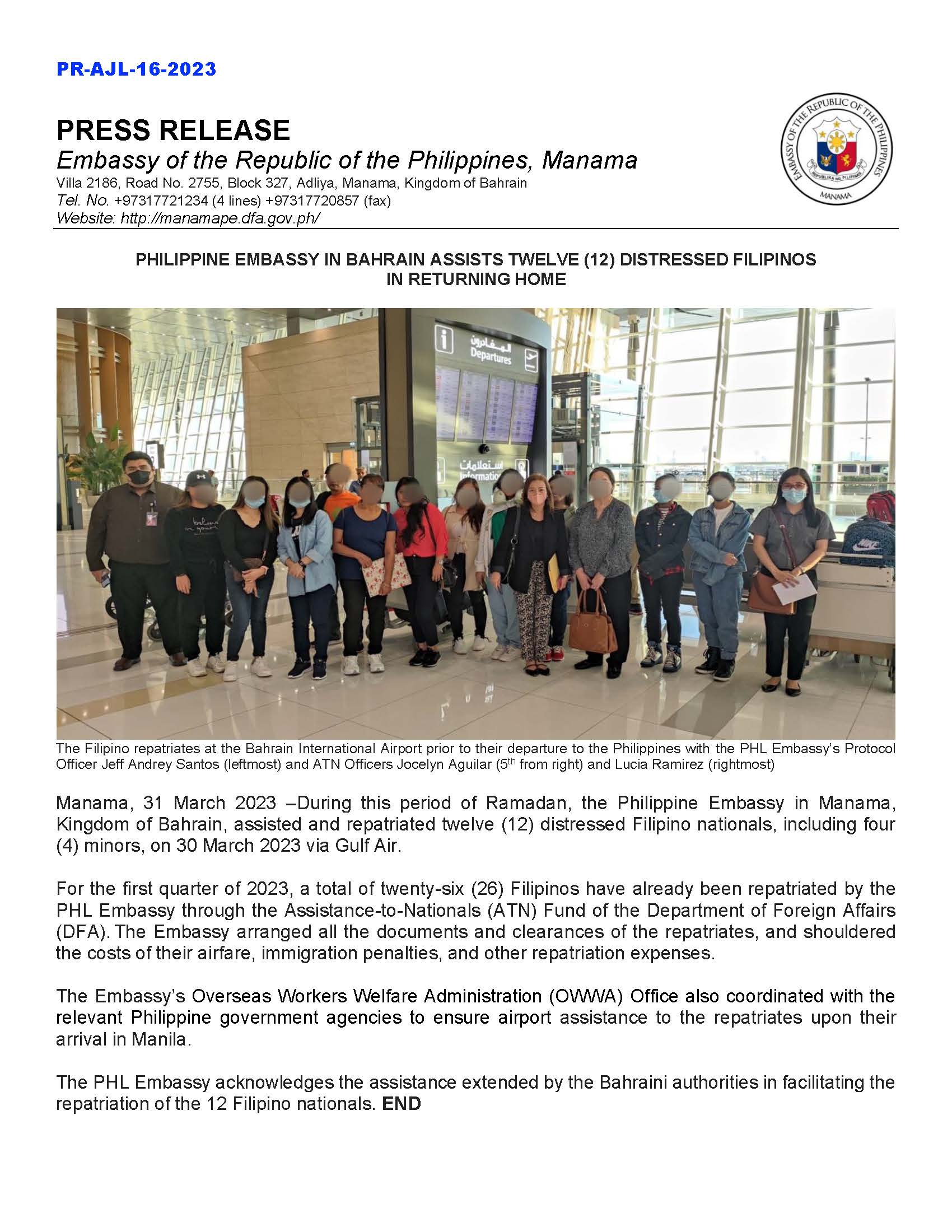 PR AJL 16 2023 PHILIPPINE EMBASSY IN BAHRAIN ASSISTS TWELVE 12 DISTRESSED FILIPINOS IN RETURNING HOME 