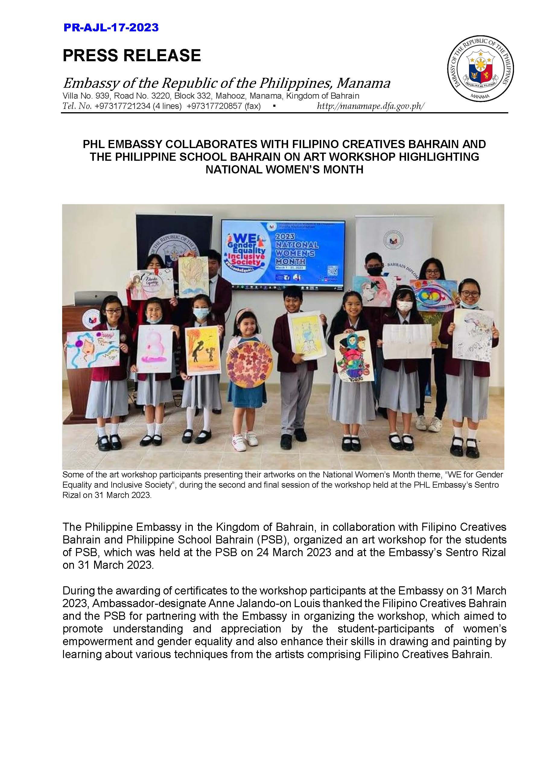PR AJL 17 2023 PHL EMBASSY COLLABORATES WITH FILIPINO CREATIVES BAHRAIN AND THE PHILIPPINE SCHOOL BAHRAIN ON ART WORKSHOP HIGHLIGHTING NATIONAL WOMENS MONTH Page 1