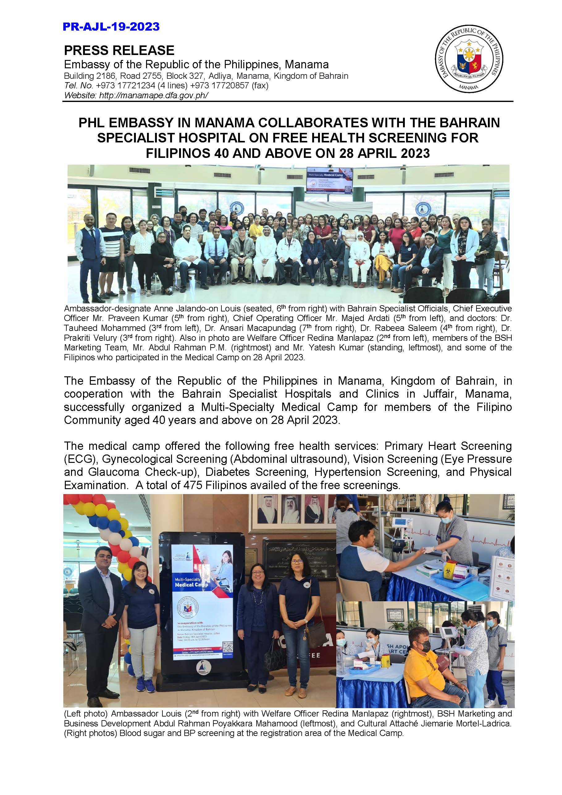 PR AJL 19 2023 PHL EMBASSY IN MANAMA COLLABORATES WITH THE BAHRAIN SPECIALIST HOSPITAL ON FREE HEALTH SCREENING FOR FILIPINOS 40 AND ABOVE ON 28 APRIL 2023 Page 1