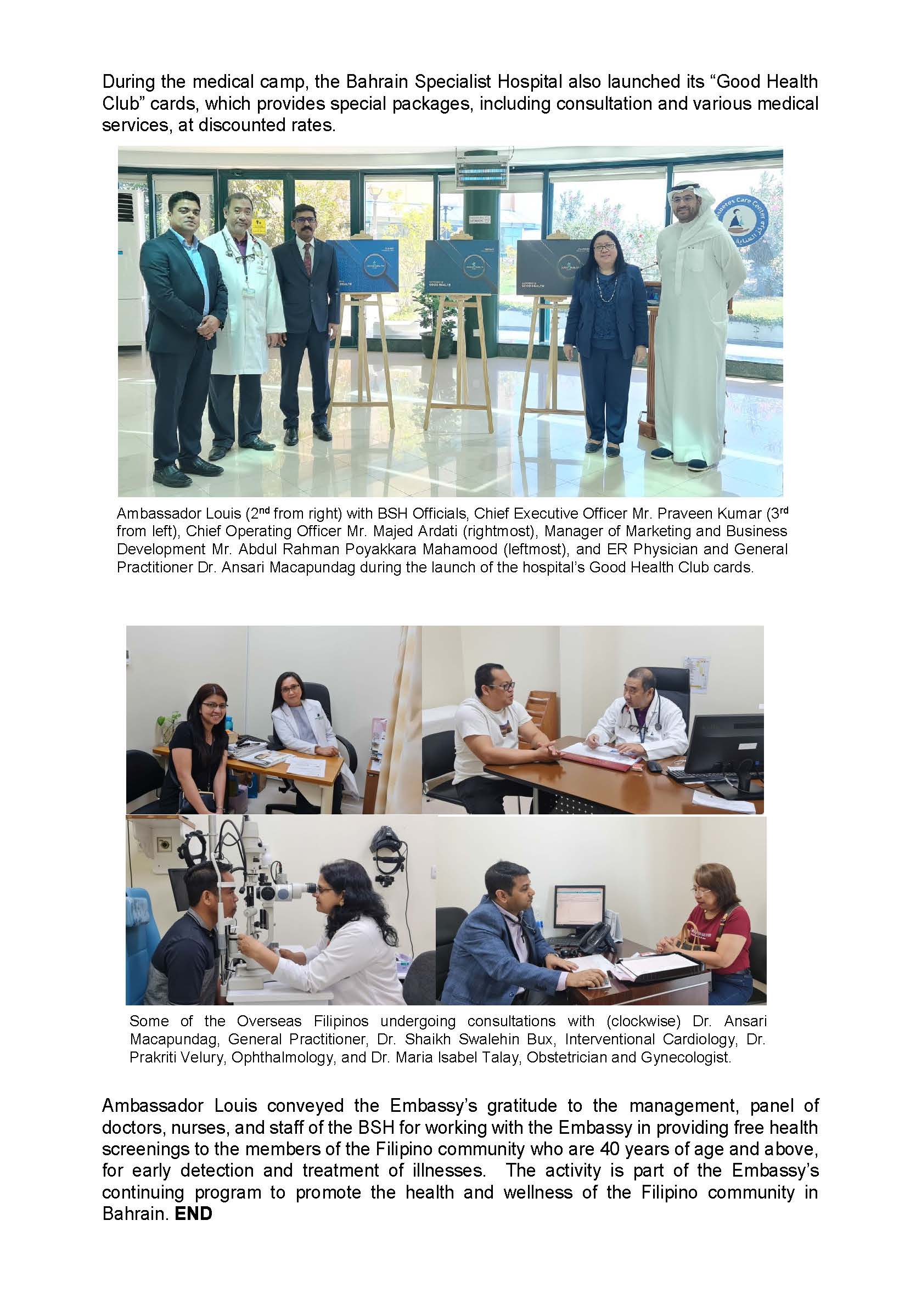 PR AJL 19 2023 PHL EMBASSY IN MANAMA COLLABORATES WITH THE BAHRAIN SPECIALIST HOSPITAL ON FREE HEALTH SCREENING FOR FILIPINOS 40 AND ABOVE ON 28 APRIL 2023 Page 2