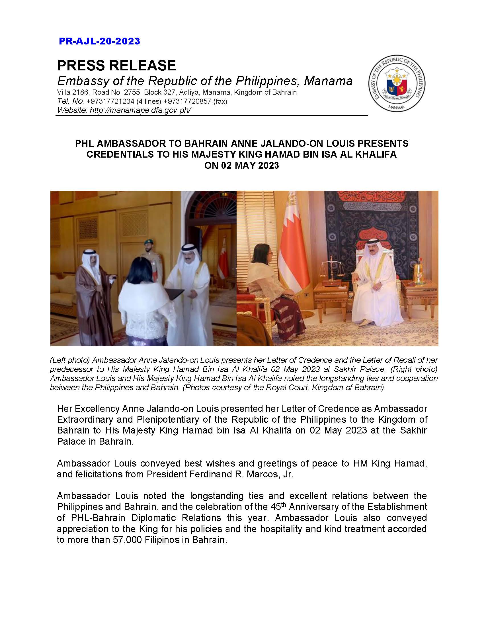 PR AJL 20 2023 PHL AMBASSADOR TO BAHRAIN ANNE JALANDO ON LOUIS PRESENTS CREDENTIALS TO HIS MAJESTY KING HAMAD BIN ISA AL KHALIFA ON 02 MAY 2023 Page 1