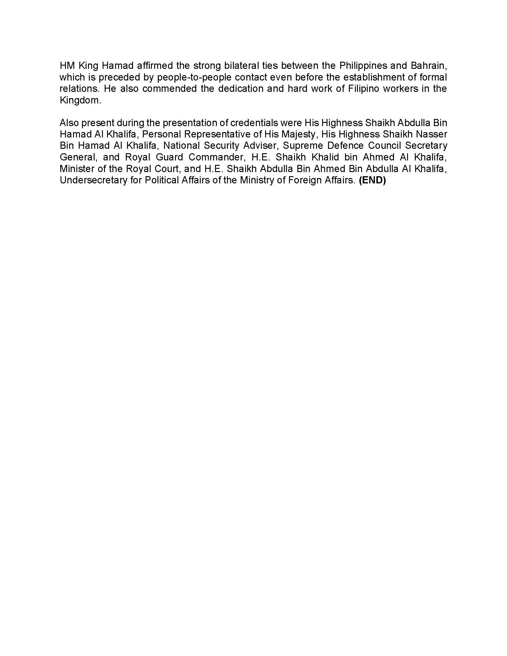 PR AJL 20 2023 PHL AMBASSADOR TO BAHRAIN ANNE JALANDO ON LOUIS PRESENTS CREDENTIALS TO HIS MAJESTY KING HAMAD BIN ISA AL KHALIFA ON 02 MAY 2023 Page 2