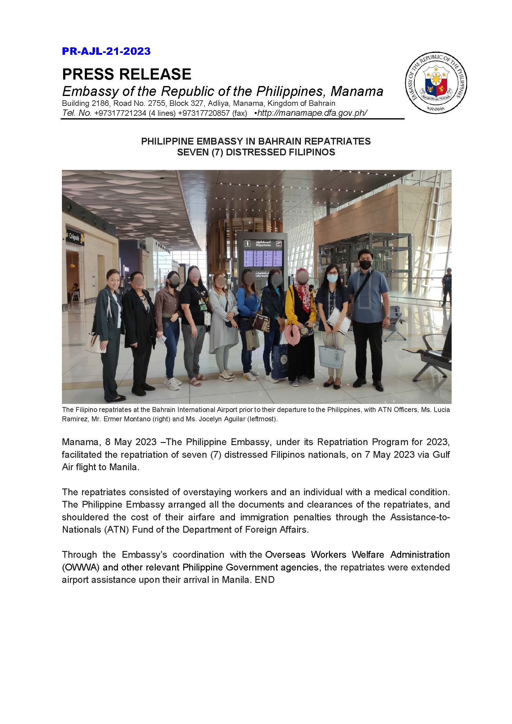 PR AJL 21 2023 PHILIPPINE EMBASSY IN BAHRAIN REPATRIATES SEVEN 7 DISTRESSED FILIPINOS