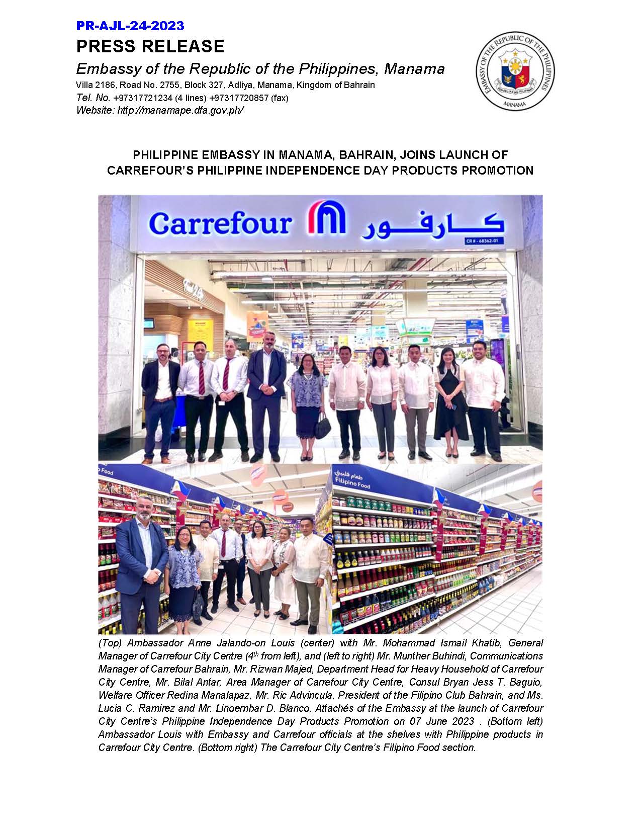 PR AJL 24 2023 PHILIPPINE EMBASSY IN MANAMA BAHRAIN JOINS LAUNCH OF CARREFOURS PHILIPPINE INDEPENDENCE DAY PRODUCTS PROMOTION Page 1