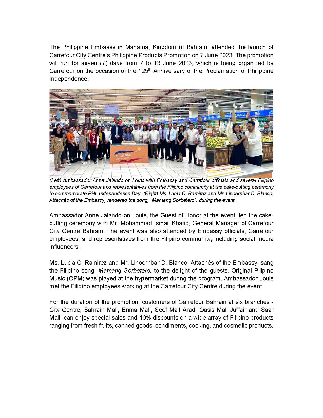 PR AJL 24 2023 PHILIPPINE EMBASSY IN MANAMA BAHRAIN JOINS LAUNCH OF CARREFOURS PHILIPPINE INDEPENDENCE DAY PRODUCTS PROMOTION Page 2