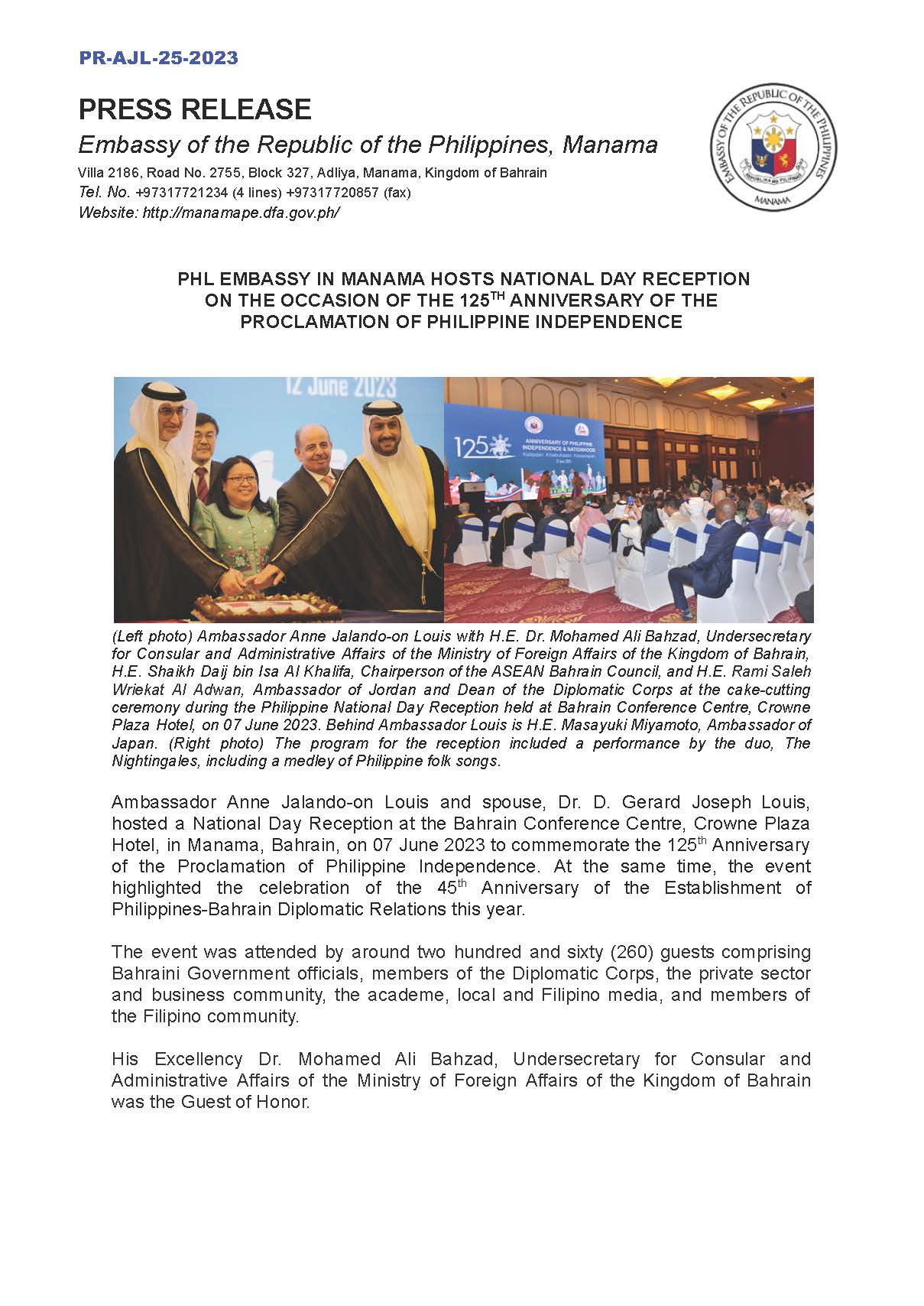 PR AJL 25 2023 PHL EMBASSY IN MANAMA HOSTS NATIONAL DAY RECEPTION ON THE OCCASION OF THE 125TH ANNIVERSARY OF THE PROCLAMATION OF PHILIPPINE INDEPENDENCE Page 1