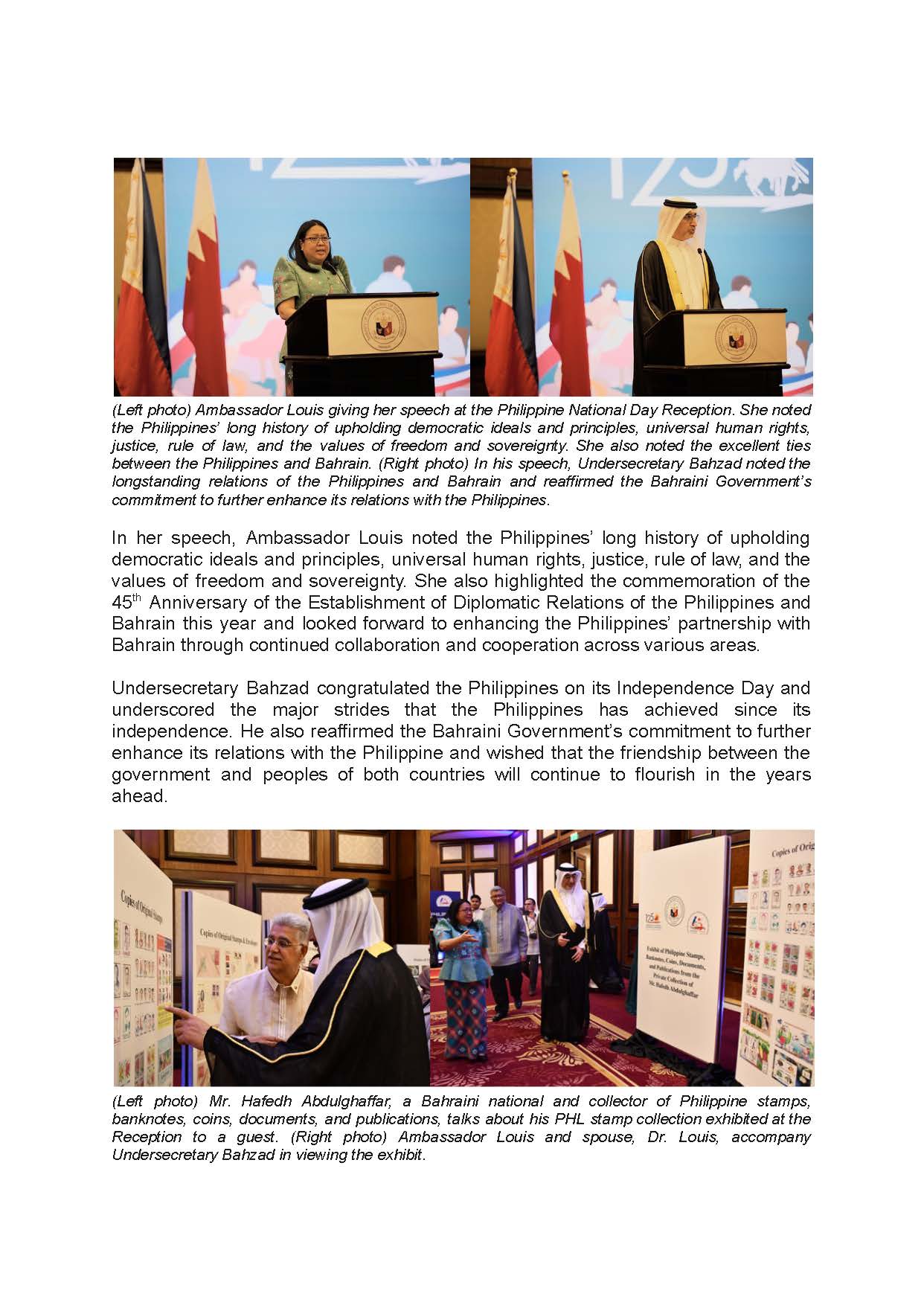 PR AJL 25 2023 PHL EMBASSY IN MANAMA HOSTS NATIONAL DAY RECEPTION ON THE OCCASION OF THE 125TH ANNIVERSARY OF THE PROCLAMATION OF PHILIPPINE INDEPENDENCE Page 2