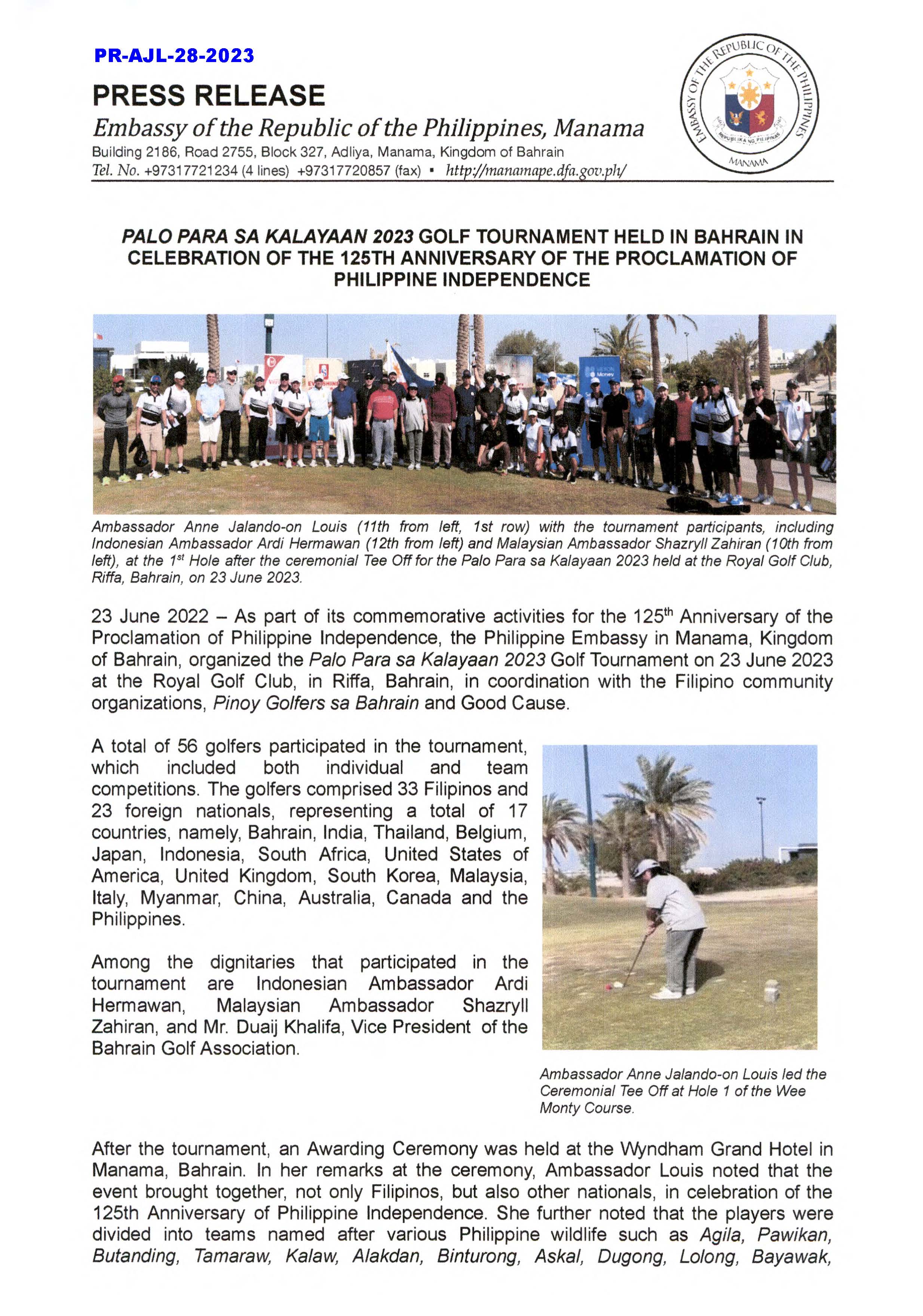 PR AJL 28 2023 PALO PARA SA KALAYAAN 2023 GOLF TOURNAMENT HELD IN BAHRAIN IN CELEBRATION OF THE 125TH ANNIVERSARY OF THE PROCLAMATION OF PH INDEPENDENCE Page 1