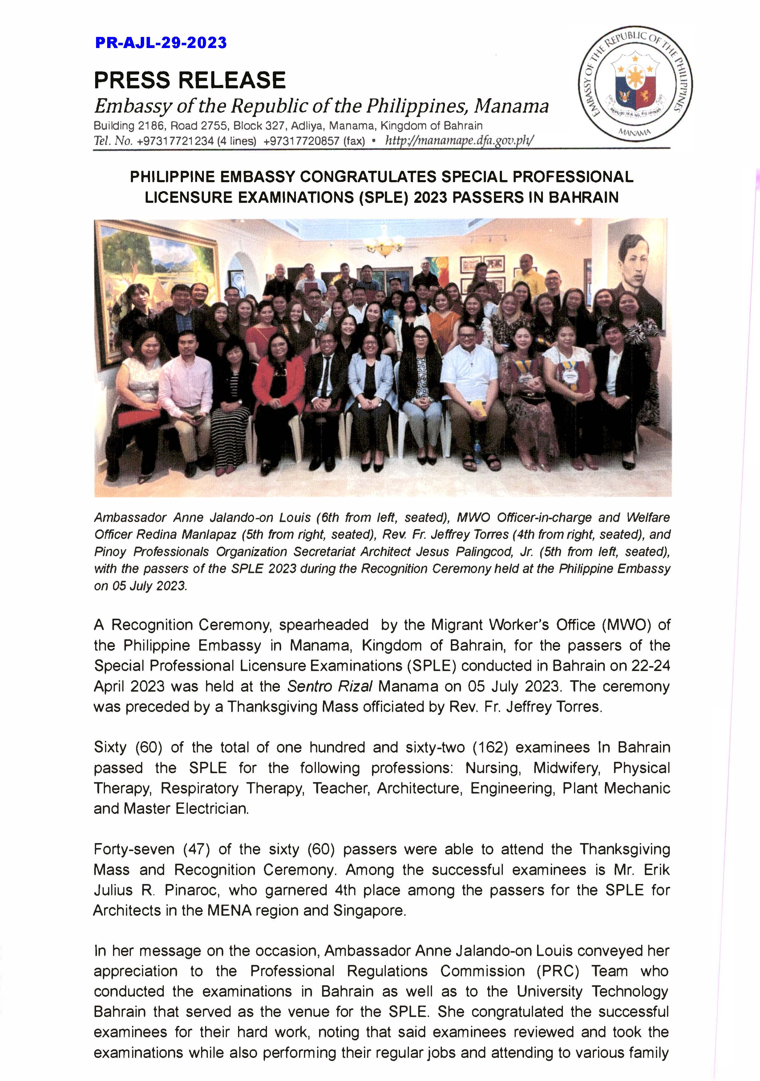 PR AJL 29 2023 PHILIPPINE EMBASSY CONGRATULATES SPECIAL PROFESSIONAL LICENSURE EXAMINATIONS SPLE 2023 PASSERS IN BAHRAIN Page 1