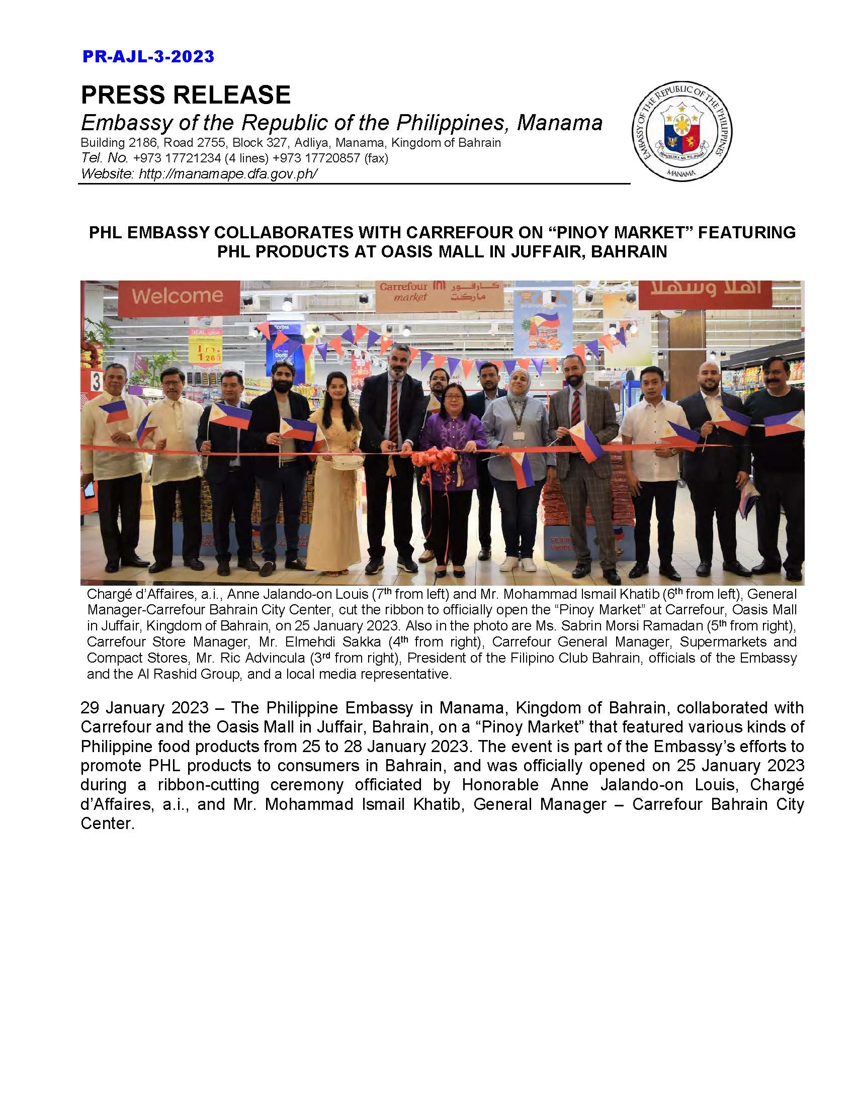 PR AJL 3 2023 PH Embassy Collaborates with Carrefour on Pinoy Market featuring PHL Products at Oasis Mall in Juffair Bahrain Page 1