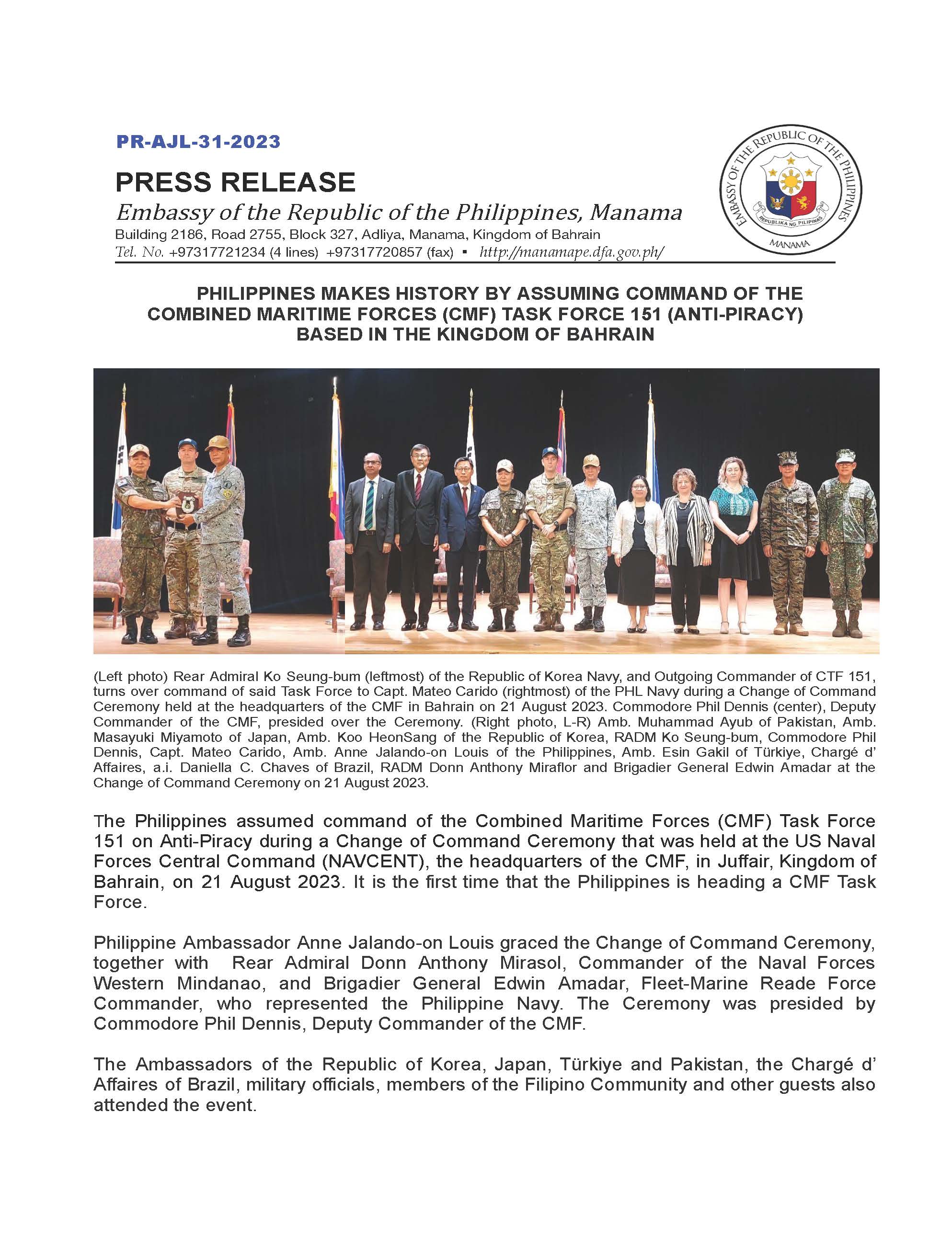 PR AJL 31 2023 PHILIPPINES MAKES HISTORY BY ASSUMING COMMAND OF THE COMBINED MARITIME FORCES CMF TASK FORCE 151 ANTI PIRACY BASED IN THE KINGDOM OF BAHRAIN Page 1