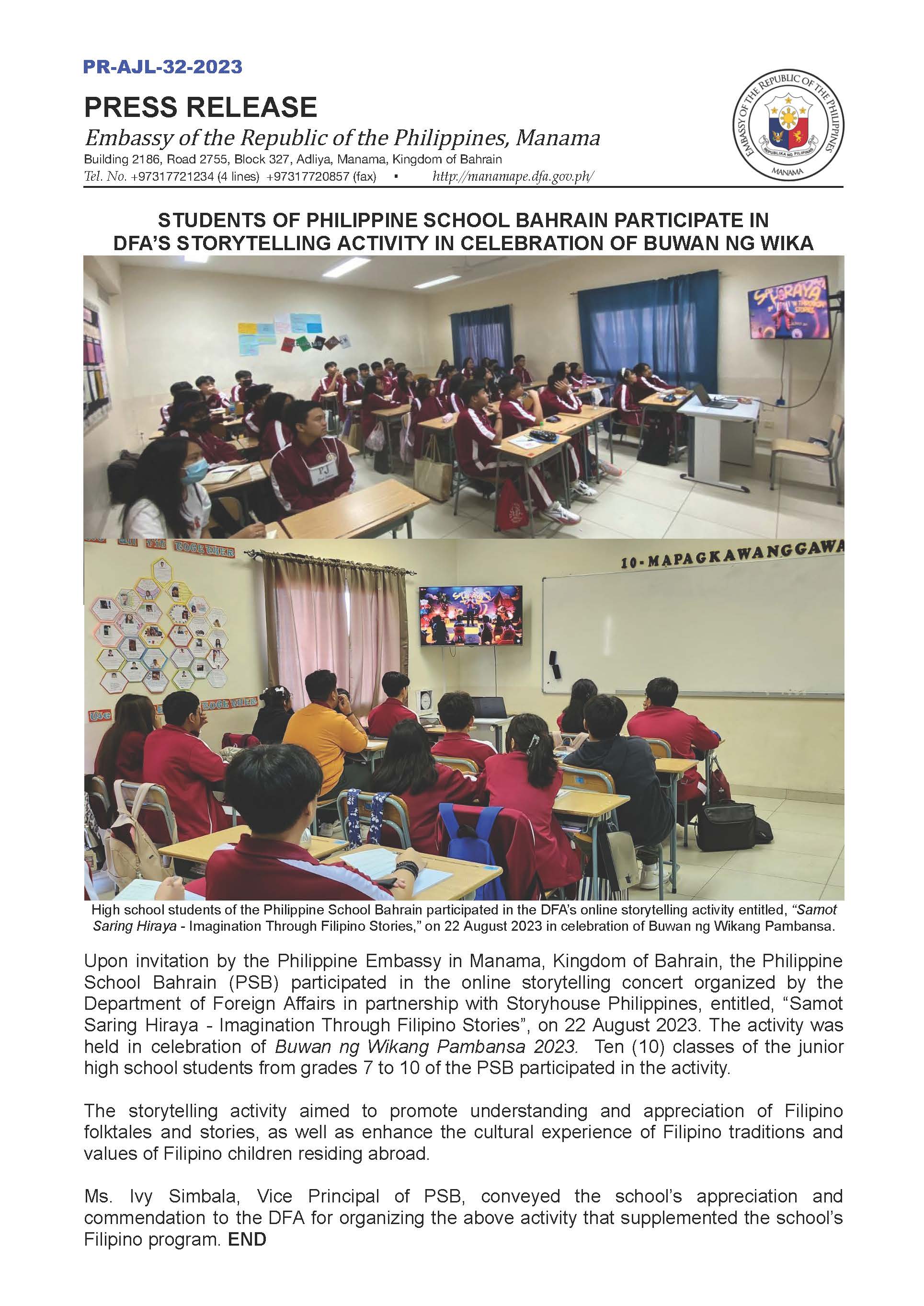 PR AJL 32 2023 STUDENTS OF PHILIPPINE SCHOOL BAHRAIN PARTICIPATE IN DFAS STORYTELLING ACTIVITY IN CELEBRATION OF BUWAN NG WIKA